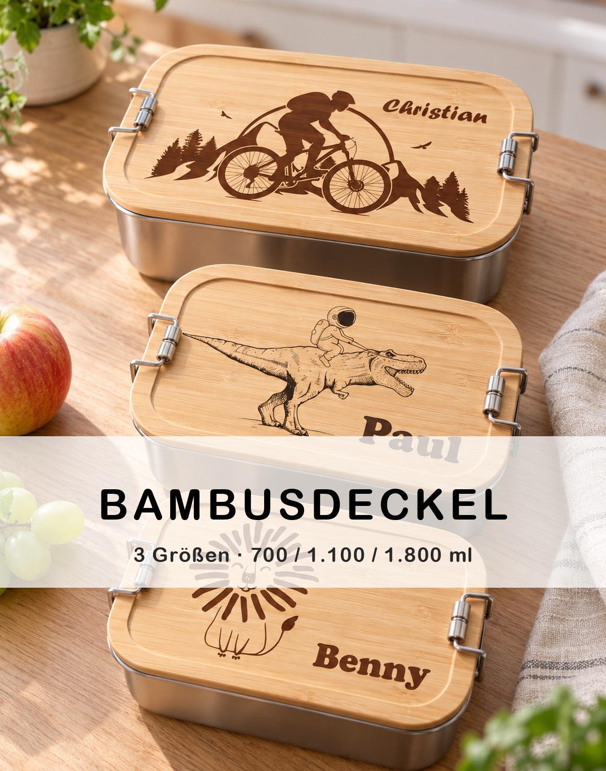 Drei personalisierte Brotdosen mit graviertem Bambusdeckel in drei Größen