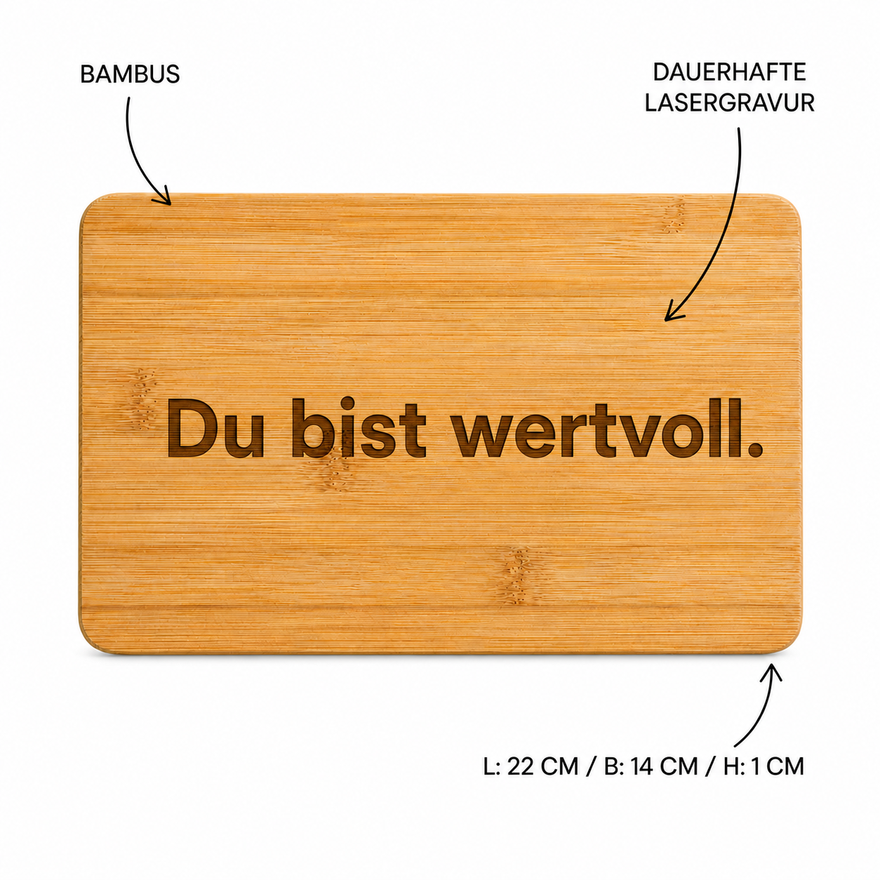 Frühstücksbrettchen Affirmationen aus Bambus, Maße 22 x 14 x 1 cm, dauerhafte Lasergravur