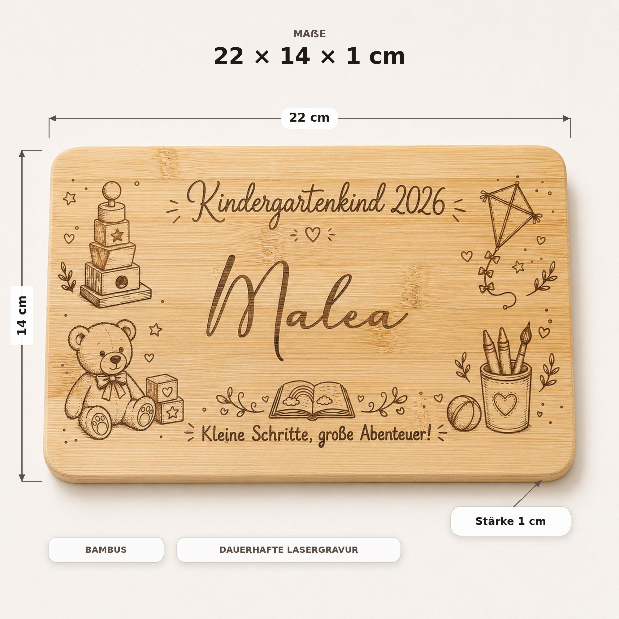 Maße des personalisierten Bambus-Frühstücksbrettchens: 22 × 14 × 1 cm