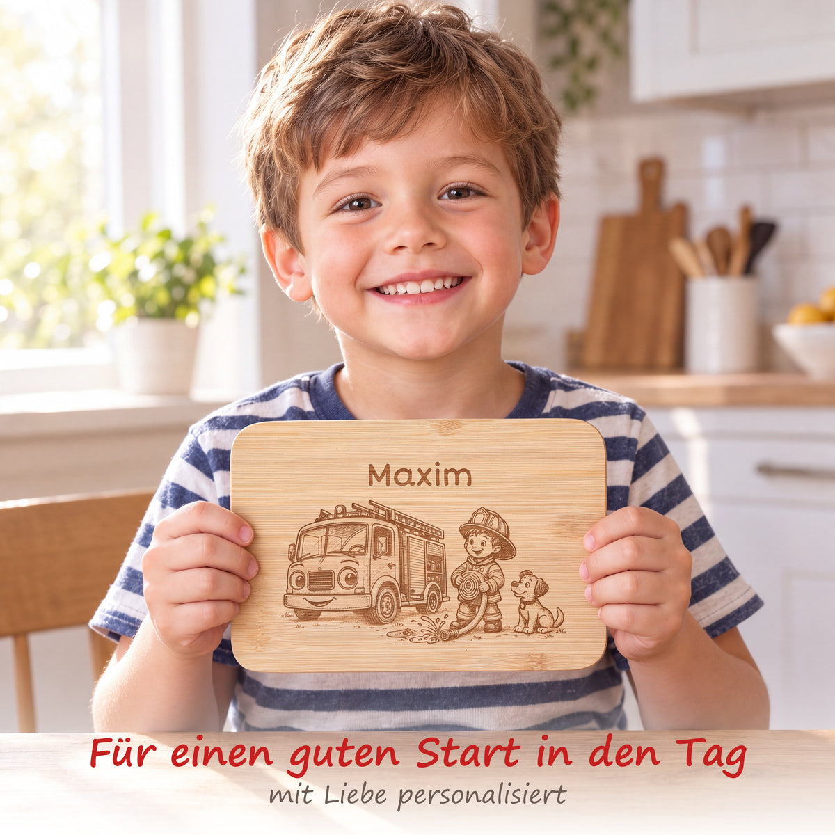 Kind hält das Bambus-Frühstücksbrettchen mit Feuerwehr-Motiv und individueller Wunschgravur in den Händen.