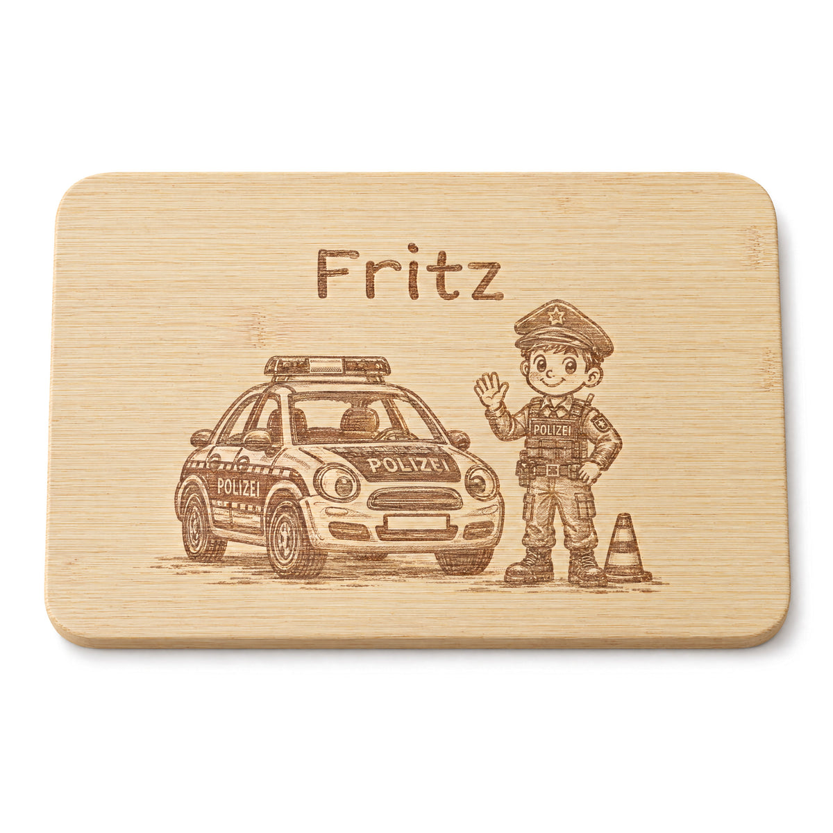 Frühstücksbrettchen Polizei aus Bambus mit Lasergravur, freigestellt vor weißem Hintergrund.