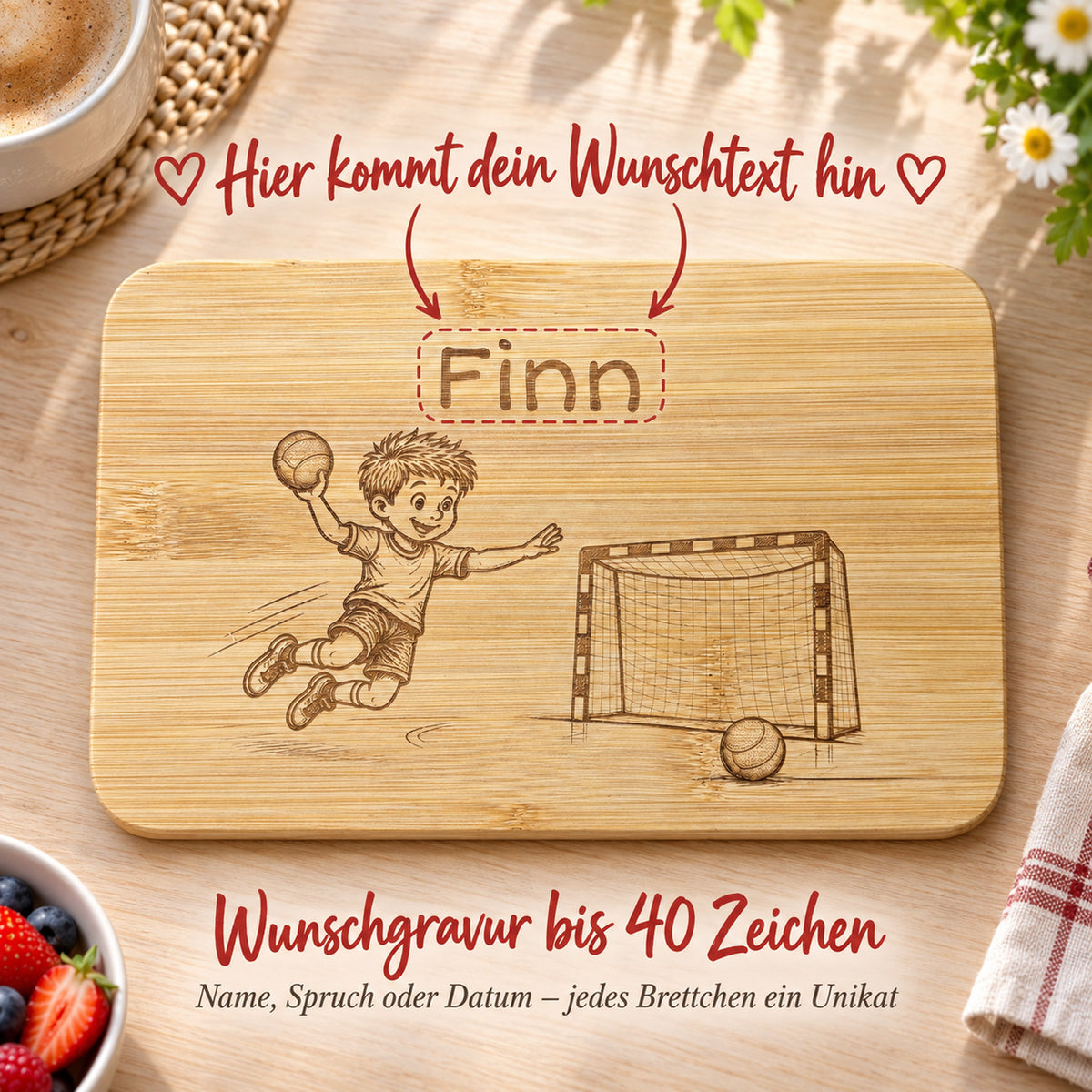 Frühstücksbrettchen Handball mit Beispielen für die Wunschgravur, bis zu 40 Zeichen frei wählbar.