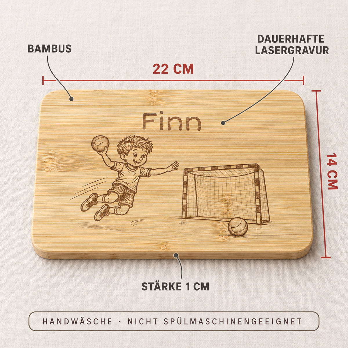 Frühstücksbrettchen Handball aus Bambus, Maße 22 x 14 x 1 cm, Handwäsche, nicht spülmaschinengeeignet.