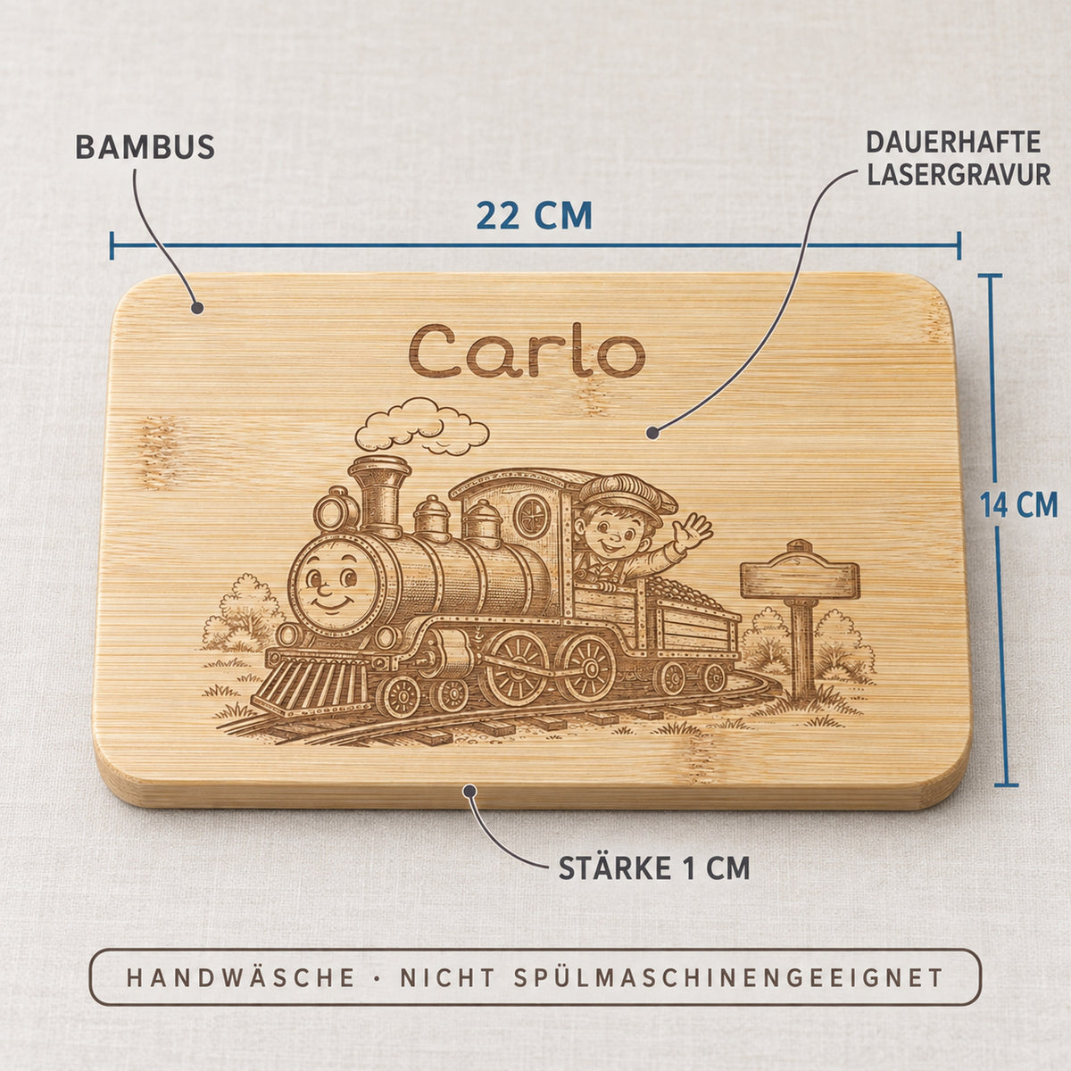 Frühstücksbrettchen Lokomotive aus Bambus, Maße 22 x 14 x 1 cm, Handwäsche, nicht spülmaschinengeeignet.