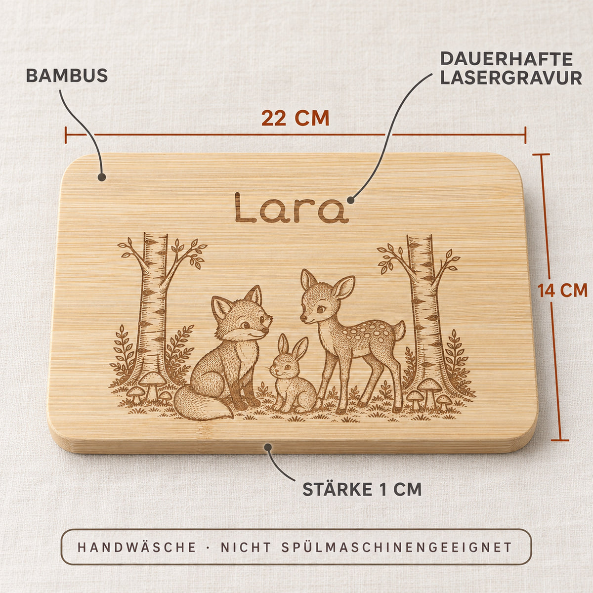 Frühstücksbrettchen Waldtiere aus Bambus, Maße 22 x 14 x 1 cm, Handwäsche, nicht spülmaschinengeeignet.