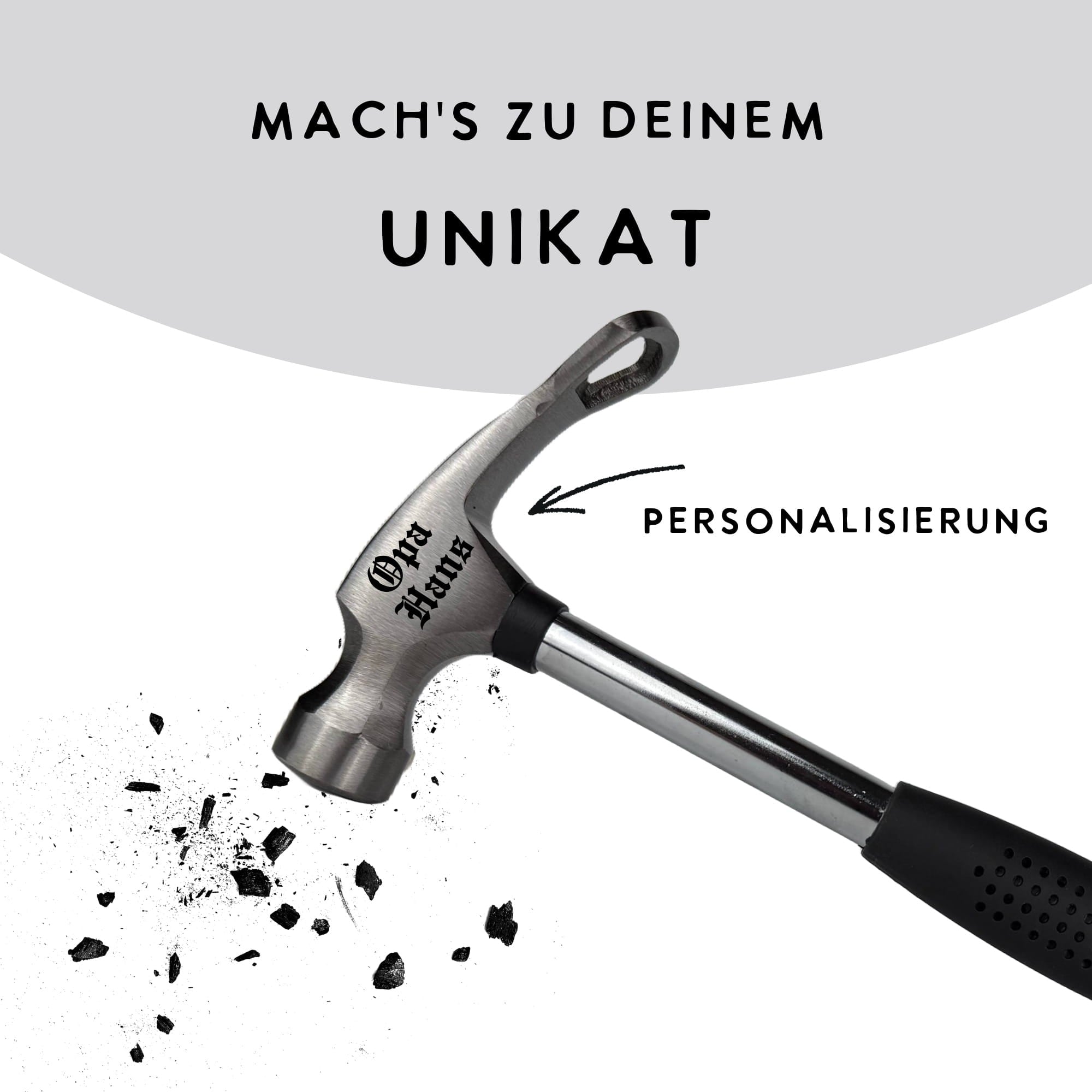 Gravur-Detail personalisierter Hammer mit Flaschenöffner – hochwertige Lasergravur auf Metall