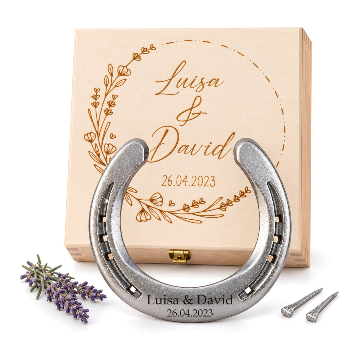 Hochzeitsgeschenk Glückshufeisen mit Holzbox „Blumenkranz“ – Natur