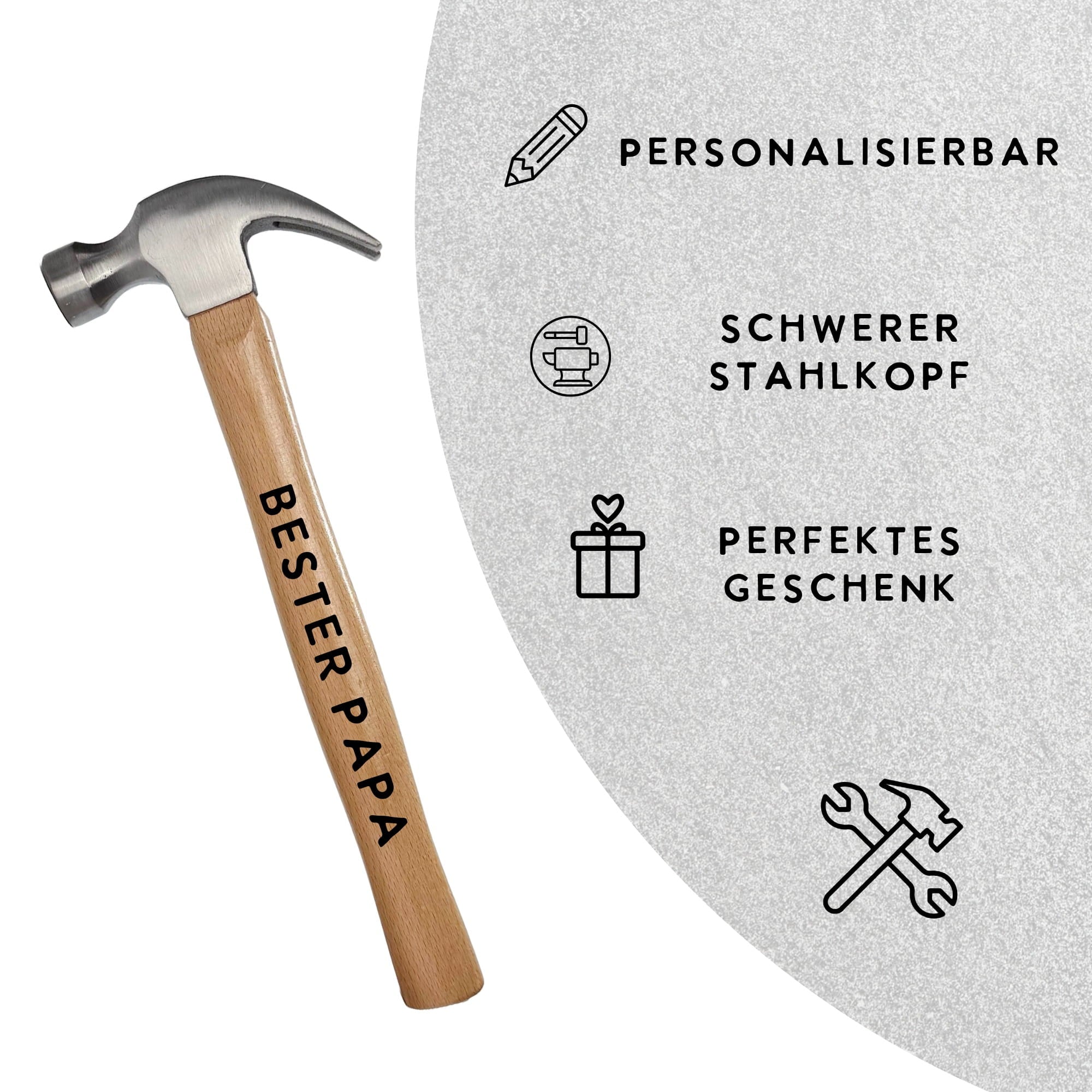 Detailansicht personalisierter Hammer mit Gravur „Bester Papa“, hochwertiger Stahlkopf und Holzgriff