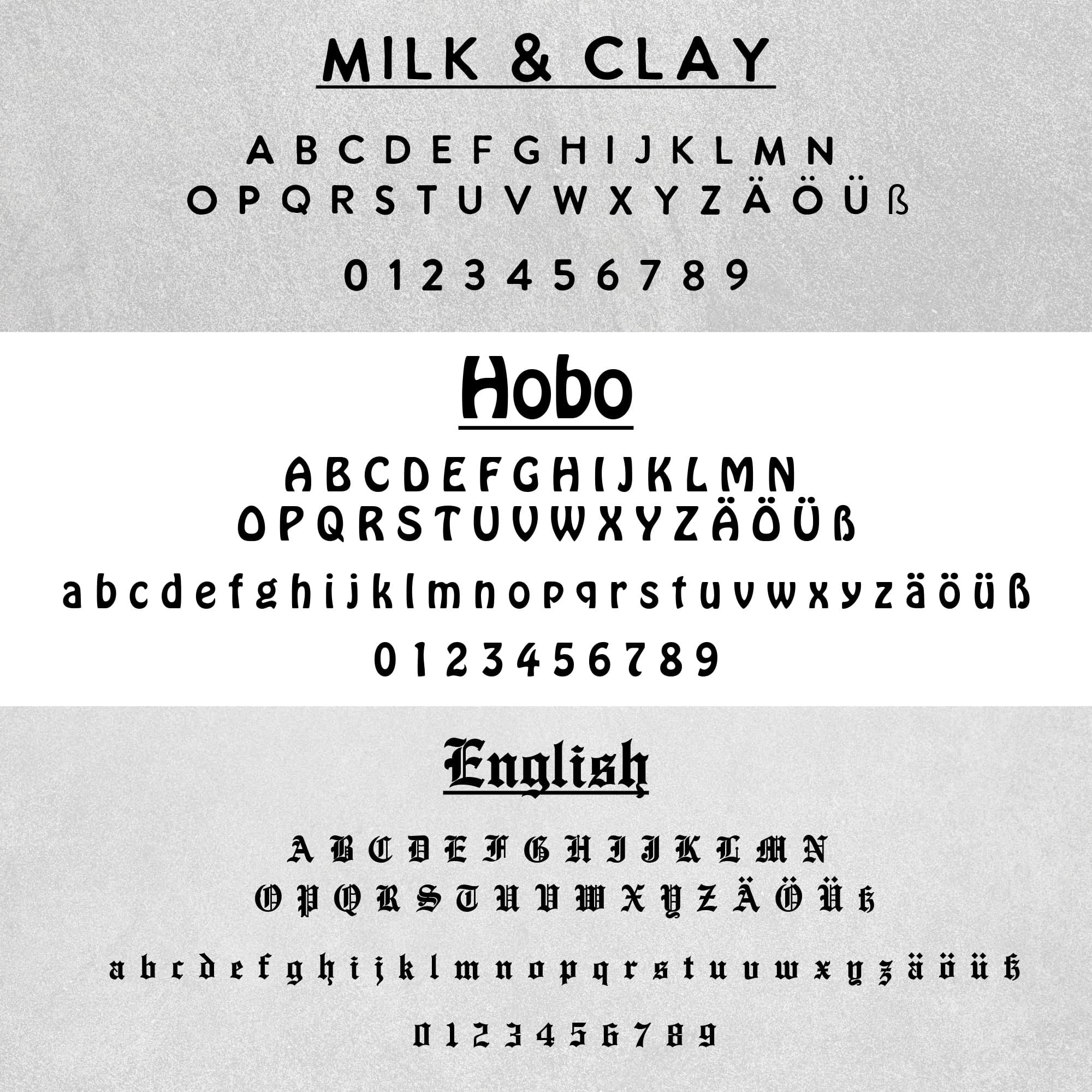 Übersicht der Schriftarten Milk & Clay, Hobo und Englisch Fraktur für individuelle Hammer Gravur