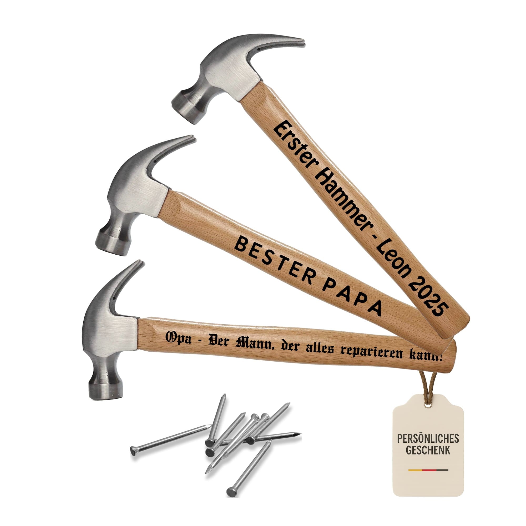 Gravur Hammer mit personalisiertem Text auf Naturholz Griff, Geschenk für Handwerker und DIY Liebhaber