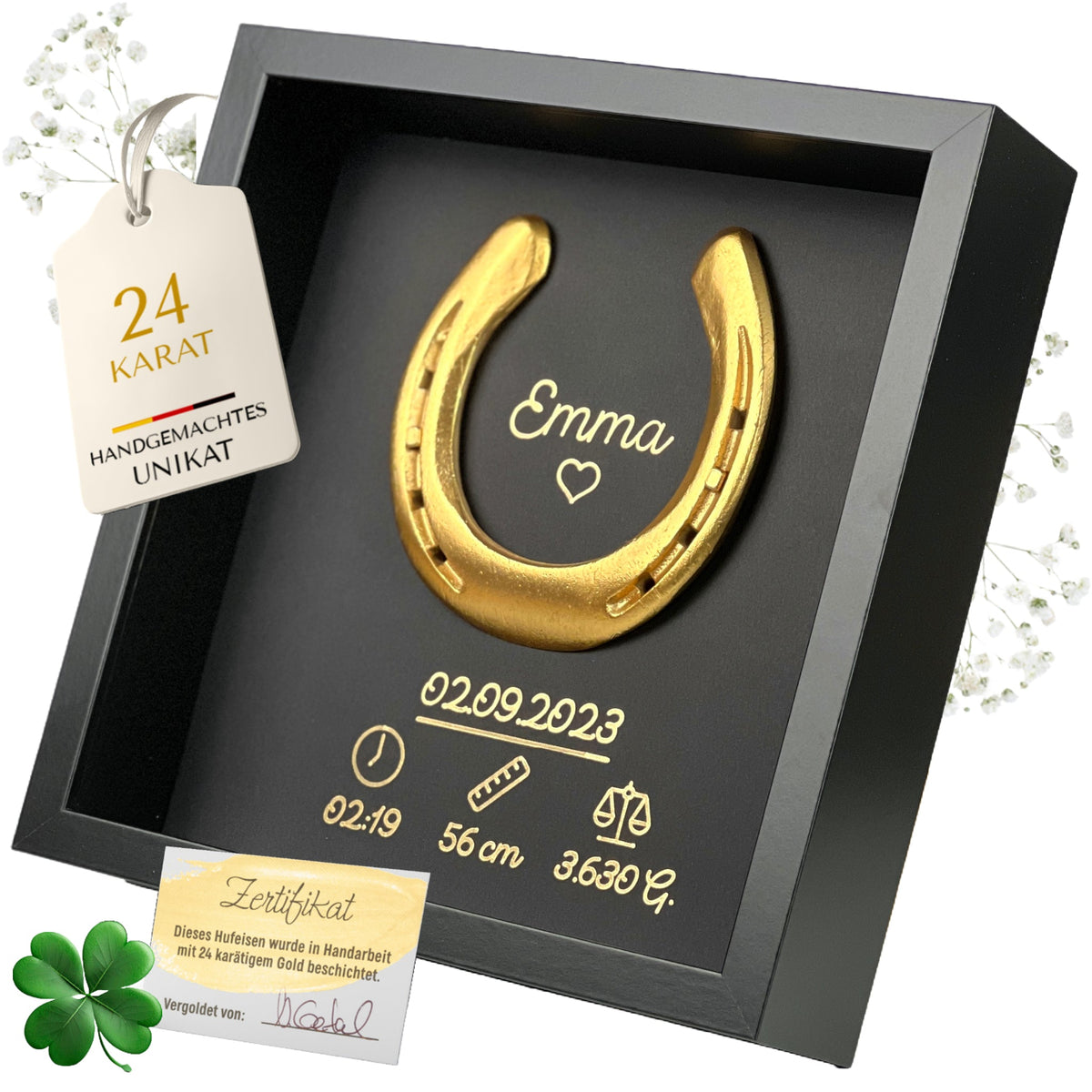 Geschenk zur Geburt – Vergoldet (24 Karat) / schwarzer Rahmen