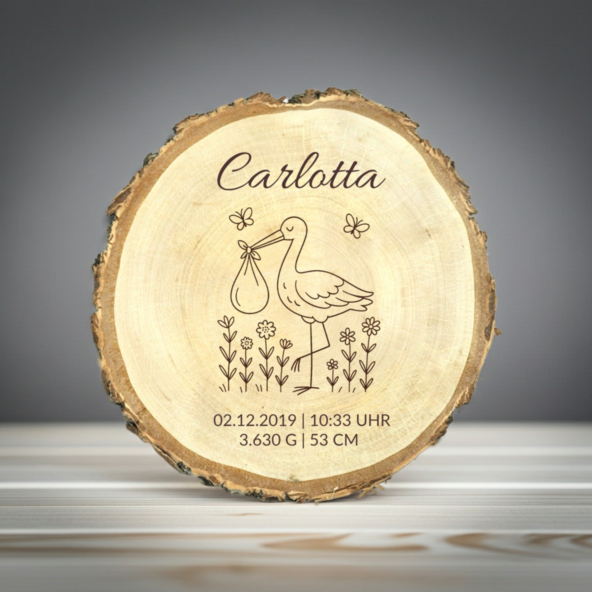 Baumscheibe Geburt "Storch"