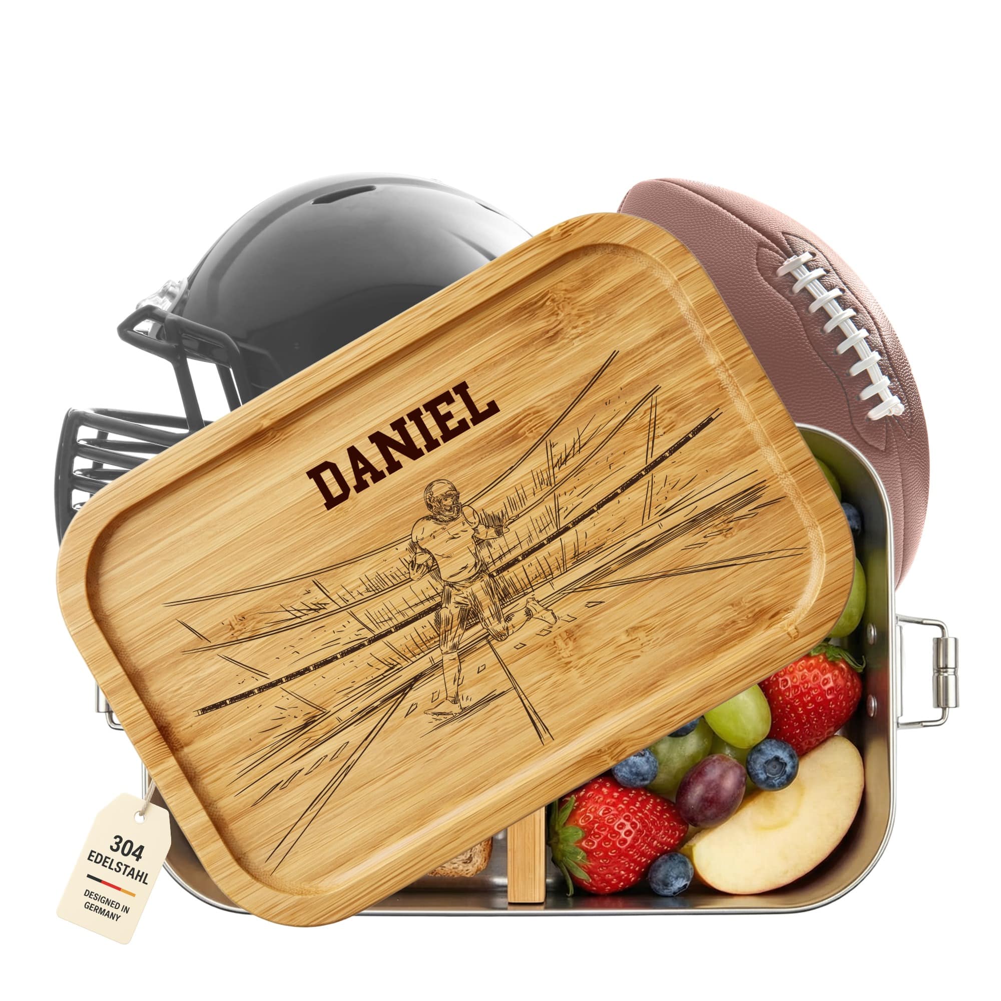 Personalisierte Edelstahl Lunchbox mit Bambusdeckel und American Football Gravur