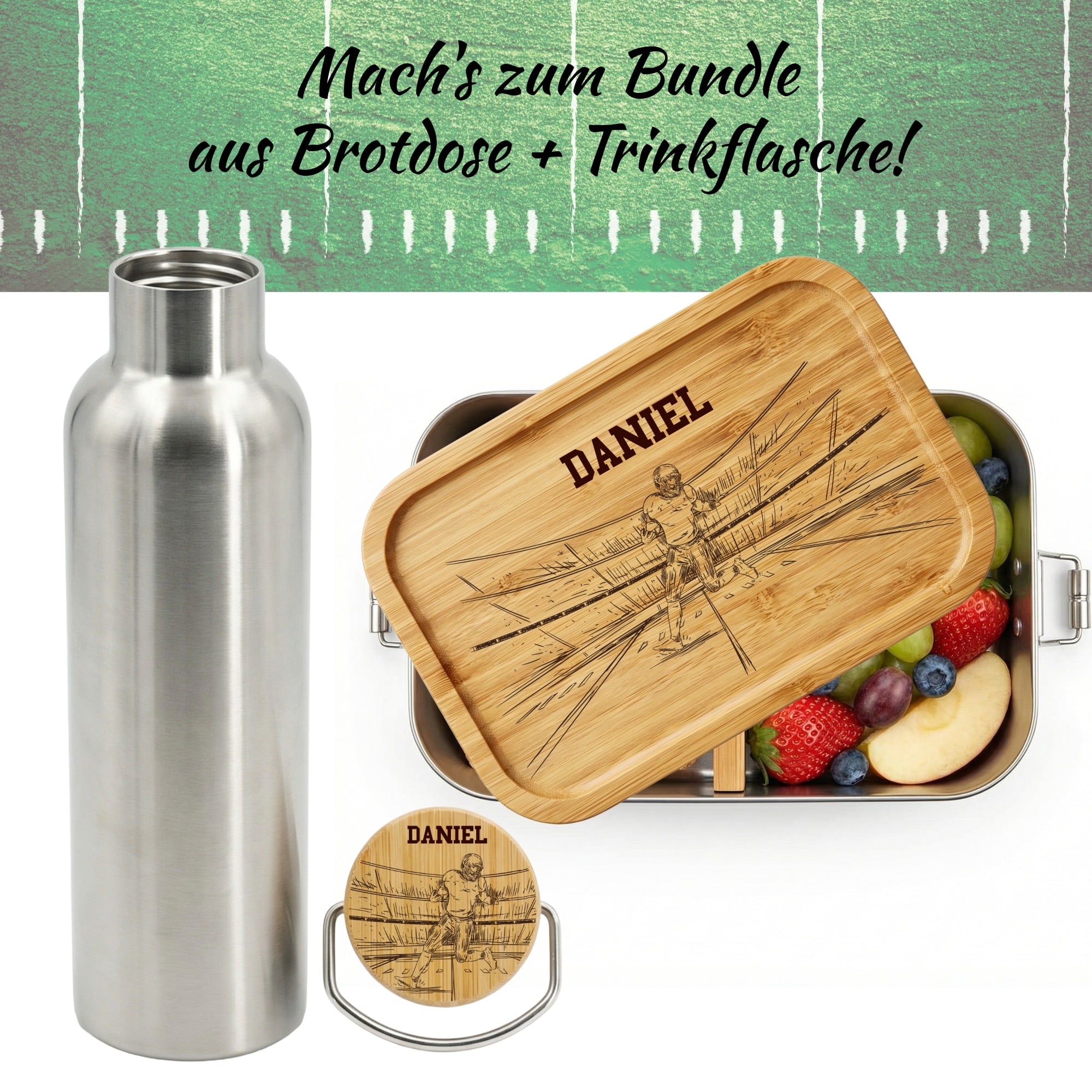Lunchbox und Trinkflasche Set aus Edelstahl mit American Football Motiv und Namensgravur