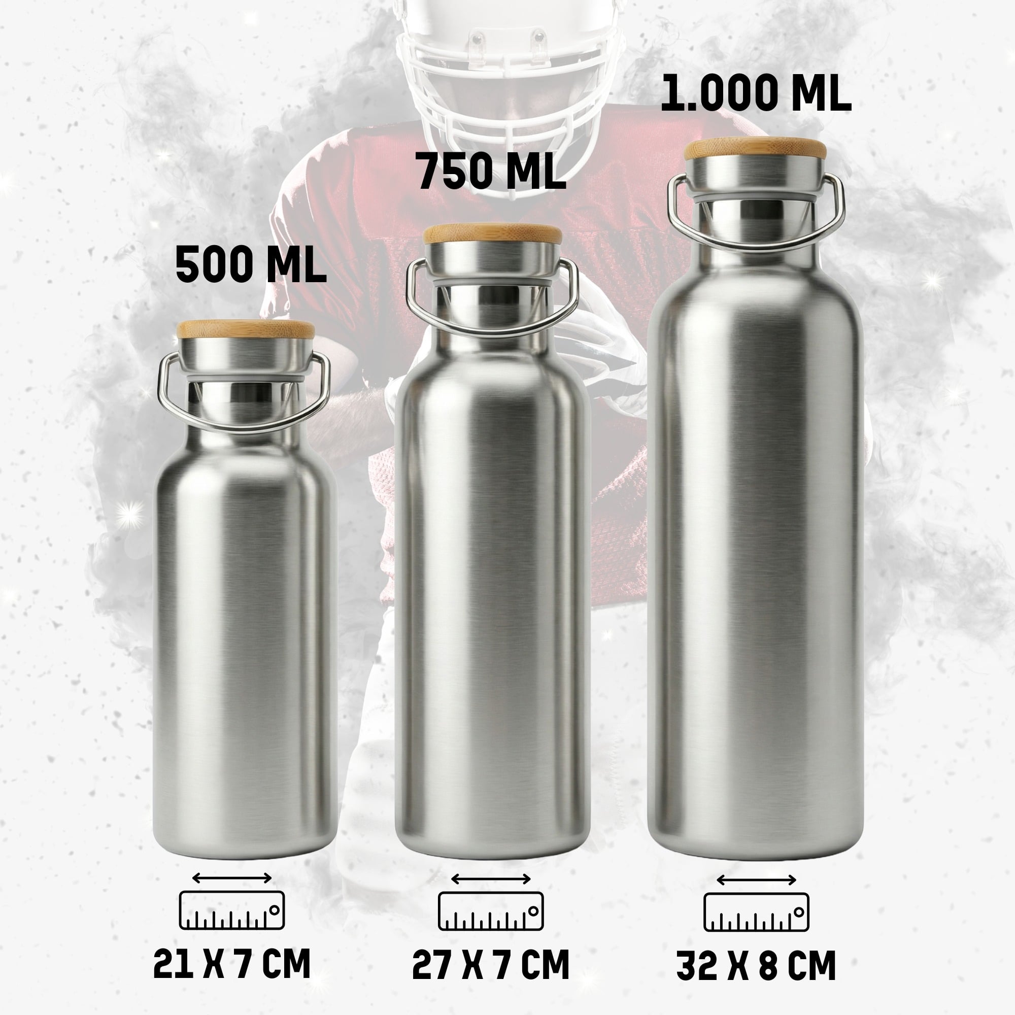 Edelstahl Trinkflasche 500 ml 750 ml 1000 ml Größenvergleich mit Bambusdeckel