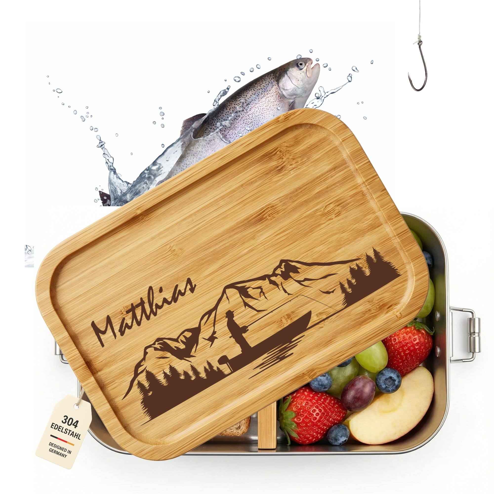 Personalisierte Edelstahl Lunchbox mit Anglermotiv und Name auf Bambusdeckel