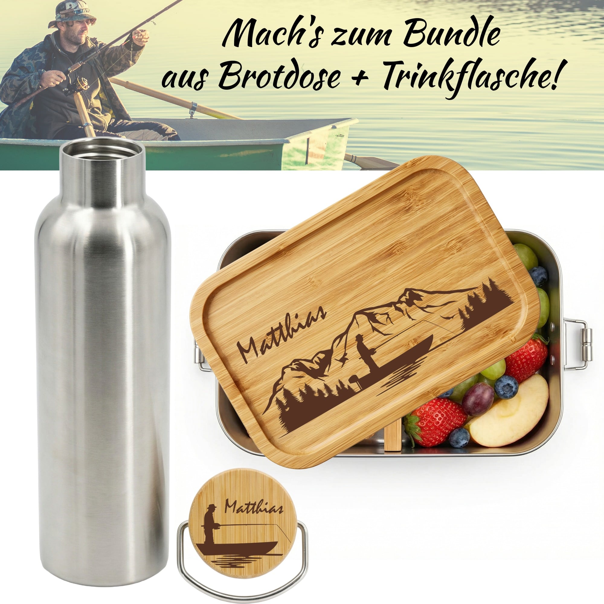 Lunchbox und Trinkflasche als Set mit Anglergravur
