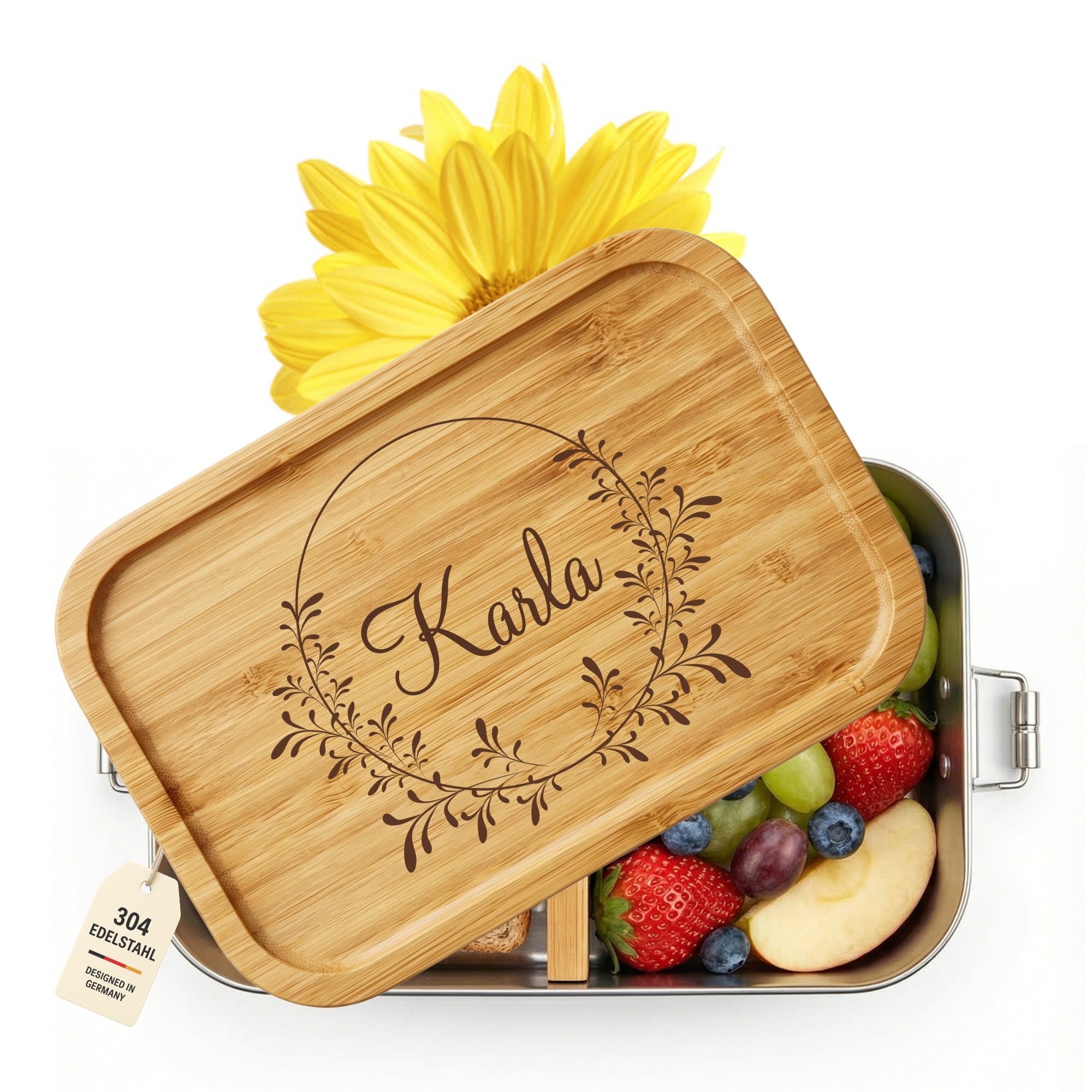 Personalisierte Edelstahl-Brotdose mit Bambusdeckel und Blumenkranz-Gravur