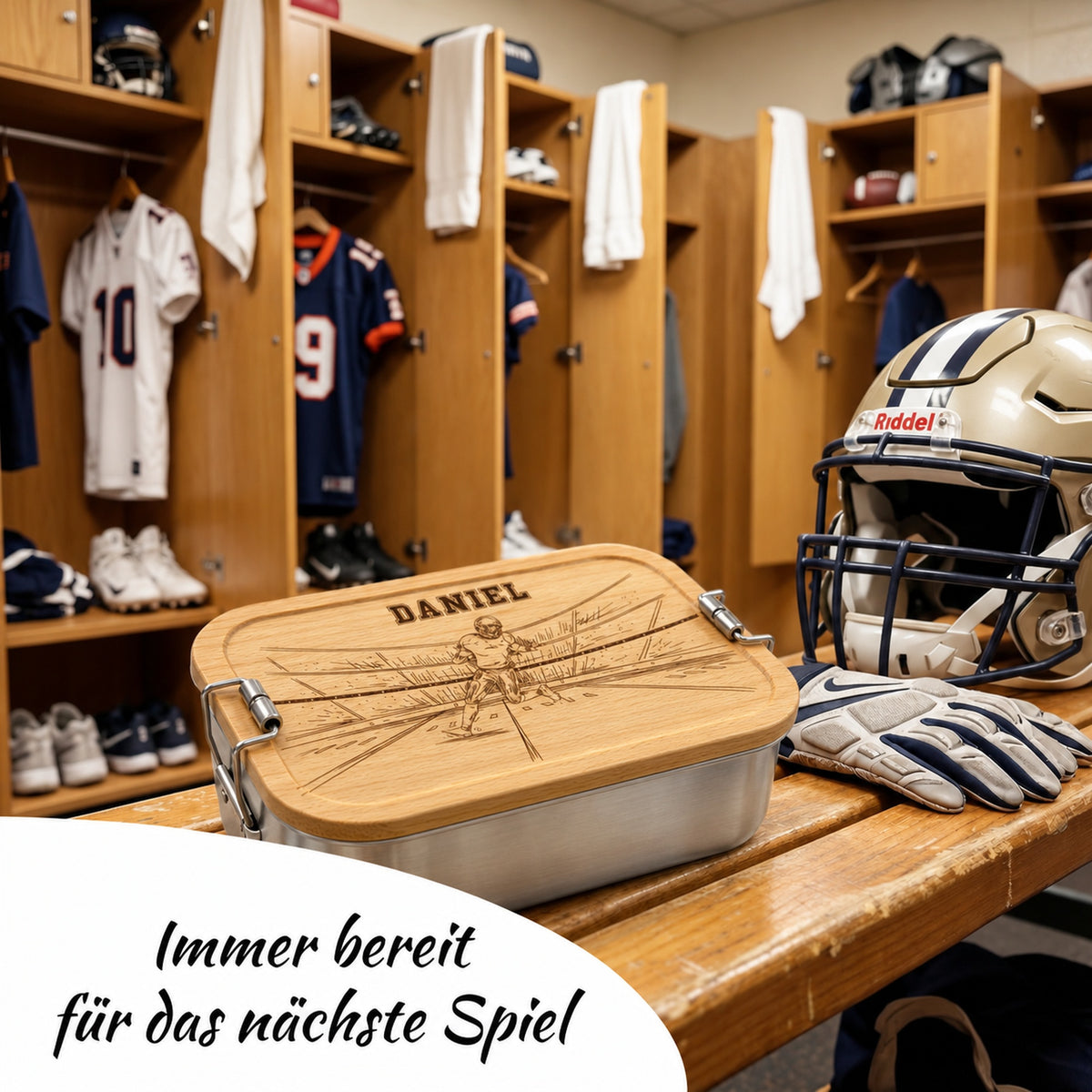Brotdose mit Buchenholzdeckel und Gravur „American Football“ im Alltag