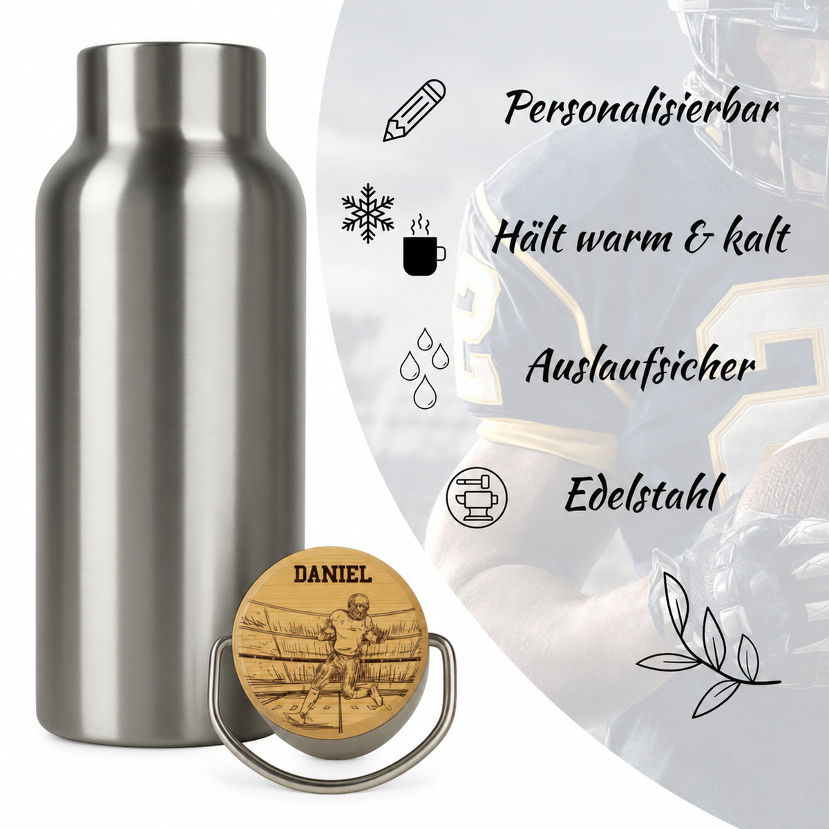 Edelstahl-Trinkflasche mit Holzdeckel und Gravur „American Football“