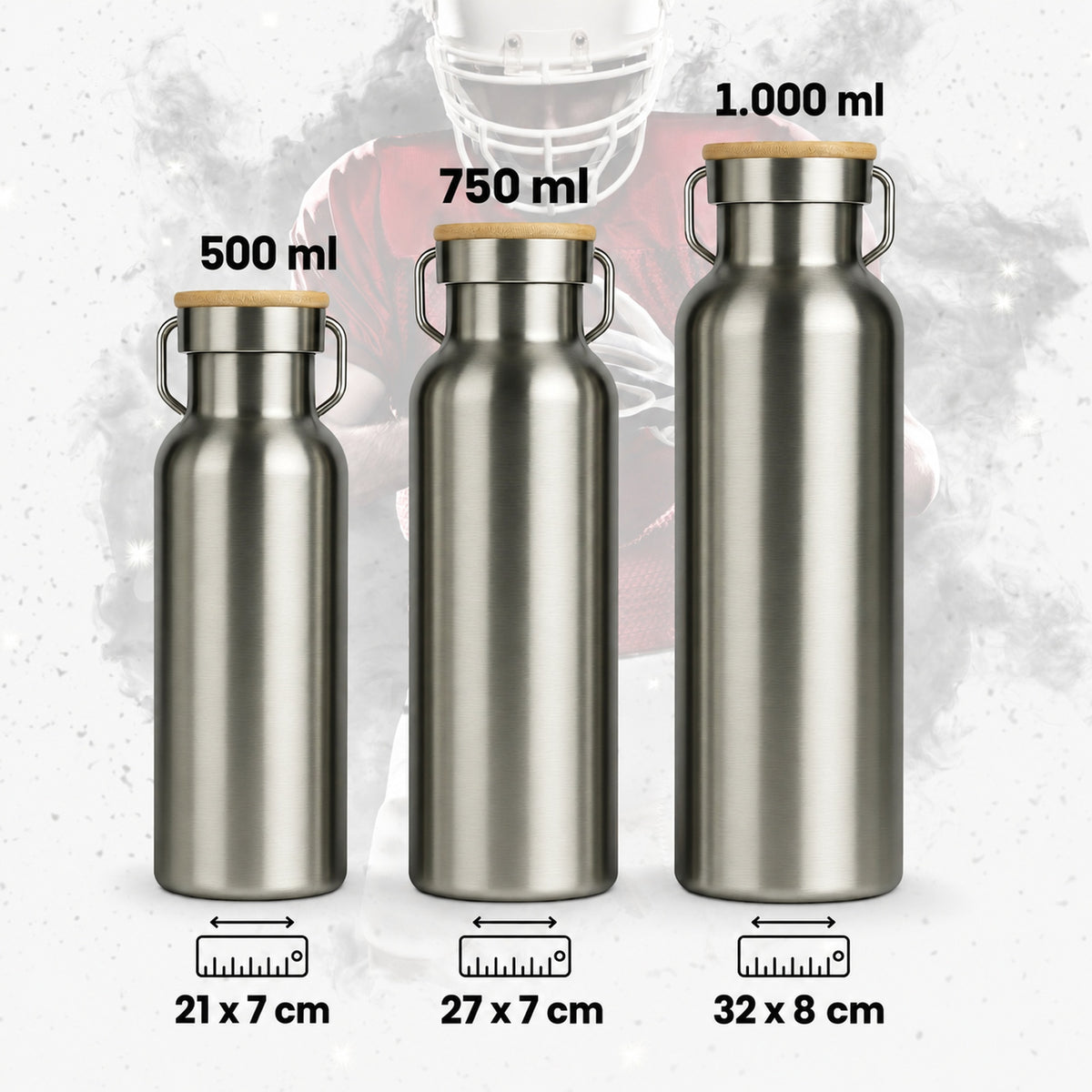 Trinkflaschen 500 ml, 750 ml und 1.000 ml im Größenvergleich
