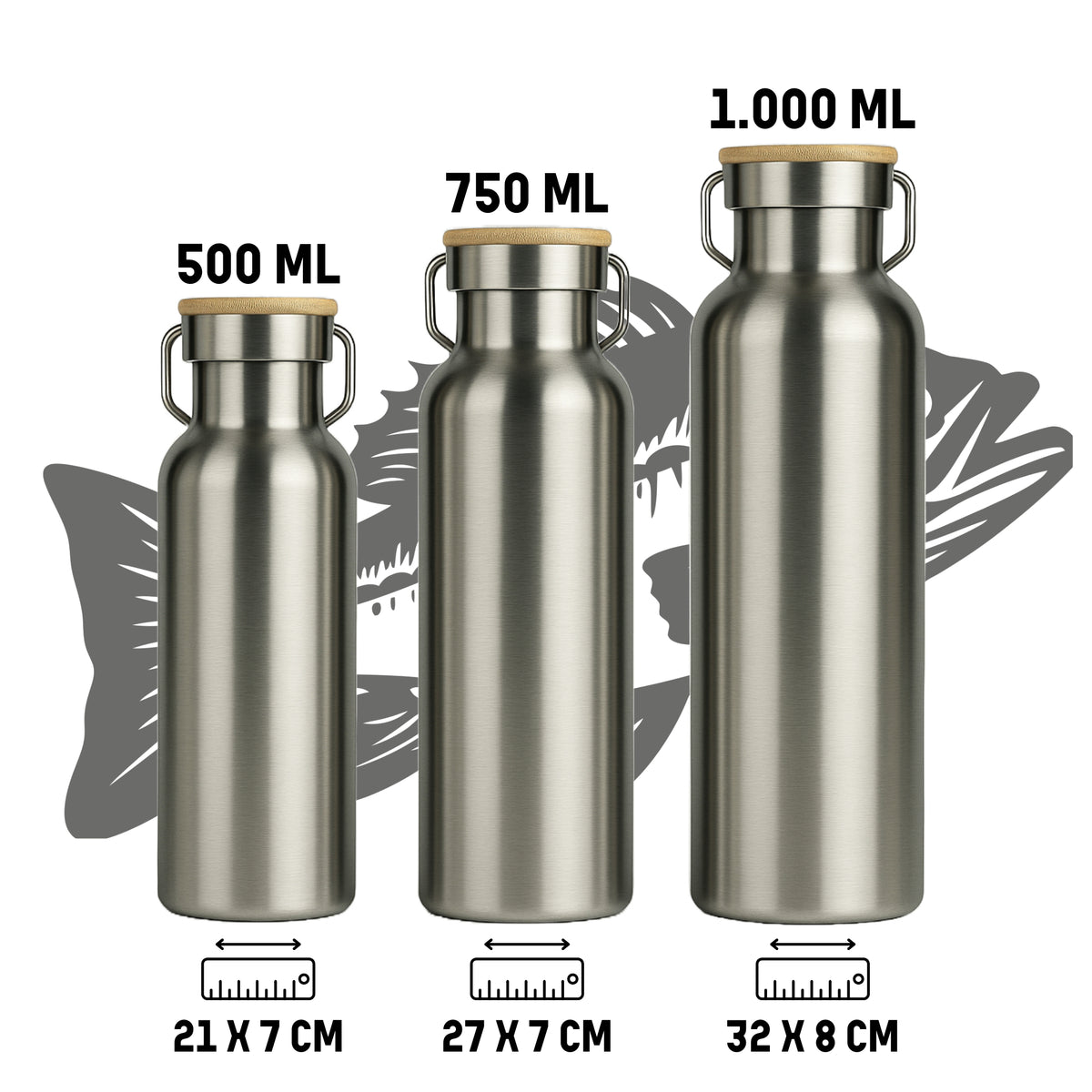 Trinkflaschen 500 ml, 750 ml und 1.000 ml im Größenvergleich