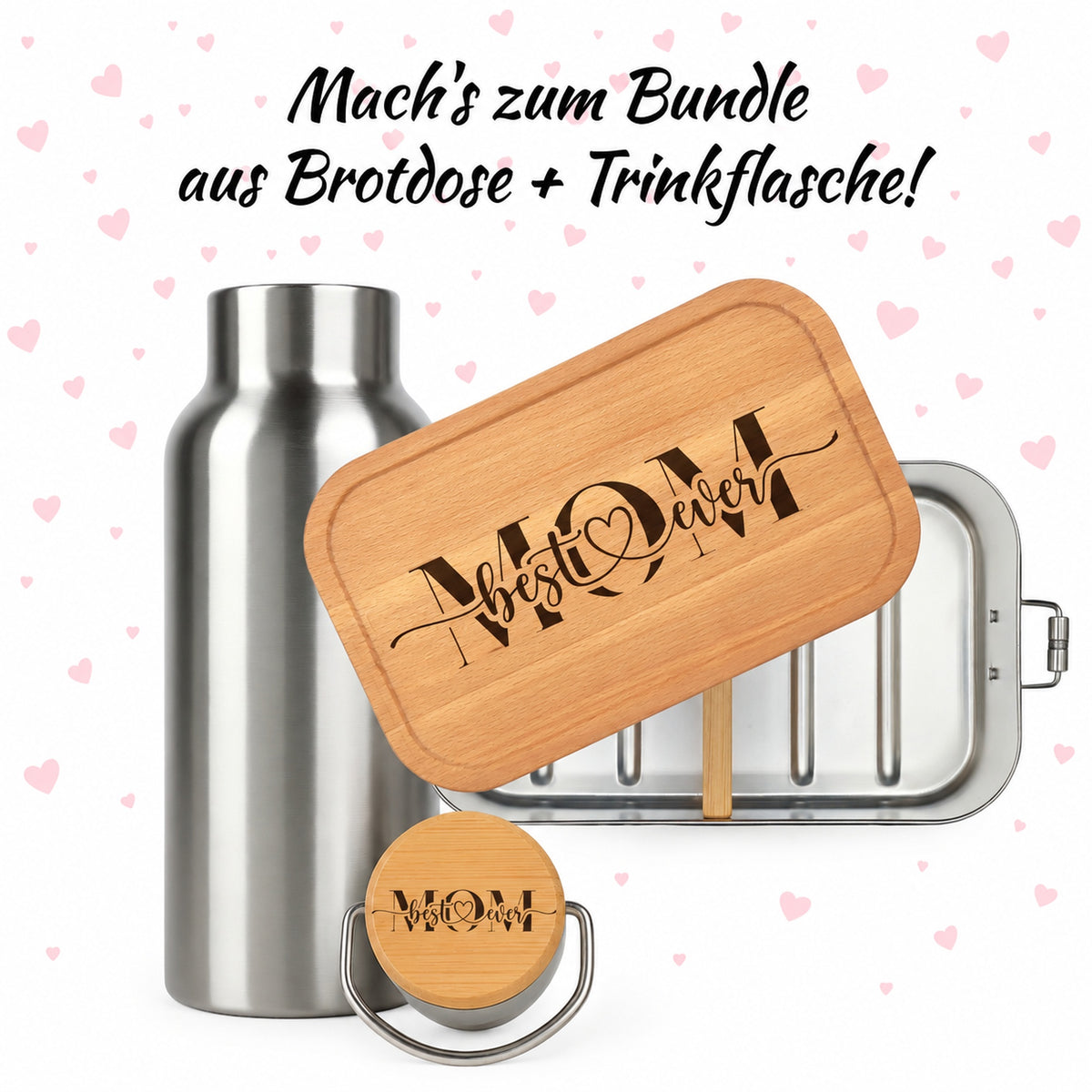 Brotdose mit Buchenholzdeckel und Trinkflasche als Bundle, Gravur „Best Mom Ever“