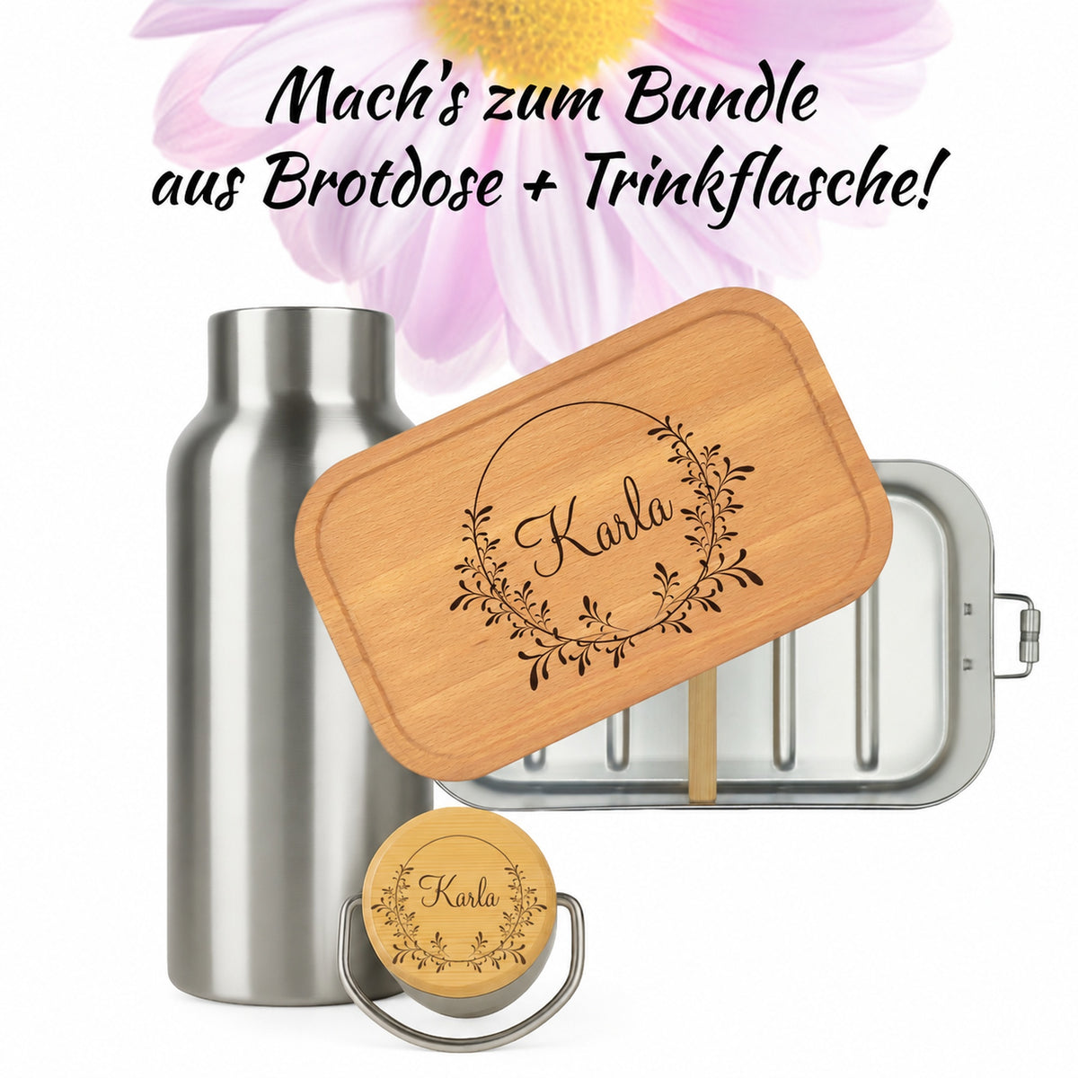 Brotdose mit Buchenholzdeckel und Trinkflasche als Bundle, Gravur „Blumenkranz“