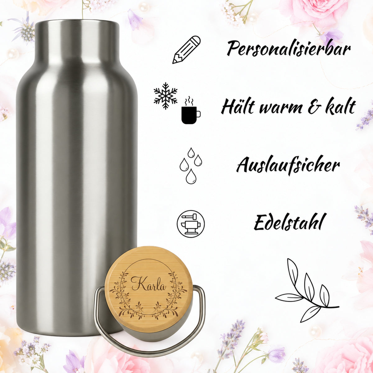 Edelstahl-Trinkflasche mit Holzdeckel und Gravur „Blumenkranz“
