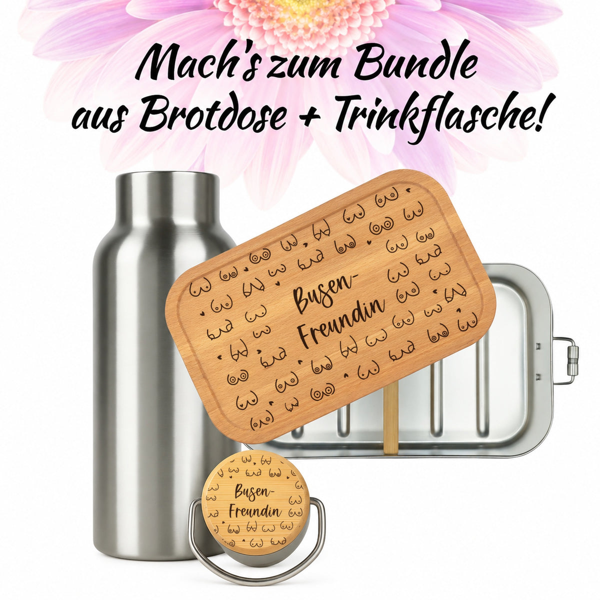 Brotdose mit Buchenholzdeckel und Trinkflasche als Bundle, Gravur „Boobs“