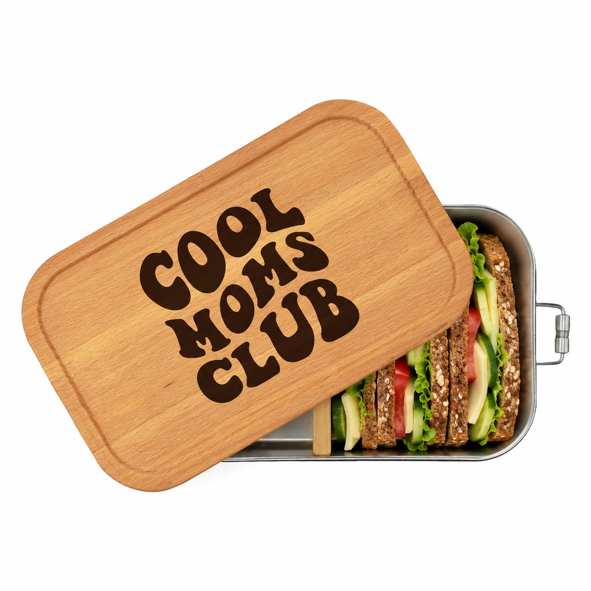 Personalisierte Brotdose mit Buchenholzdeckel und Gravur „Cool Moms Club“