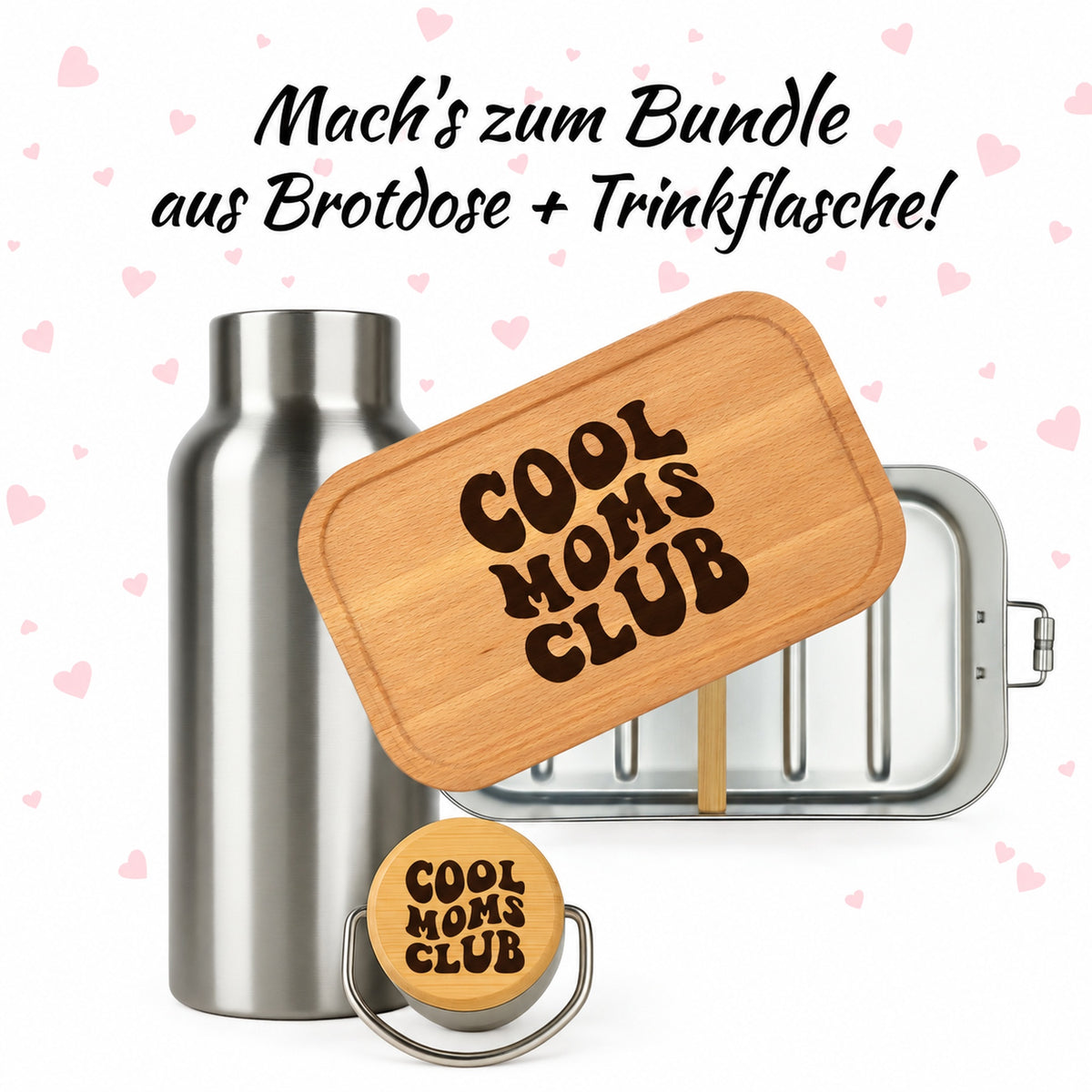 Brotdose mit Buchenholzdeckel und Trinkflasche als Bundle, Gravur „Cool Moms Club“
