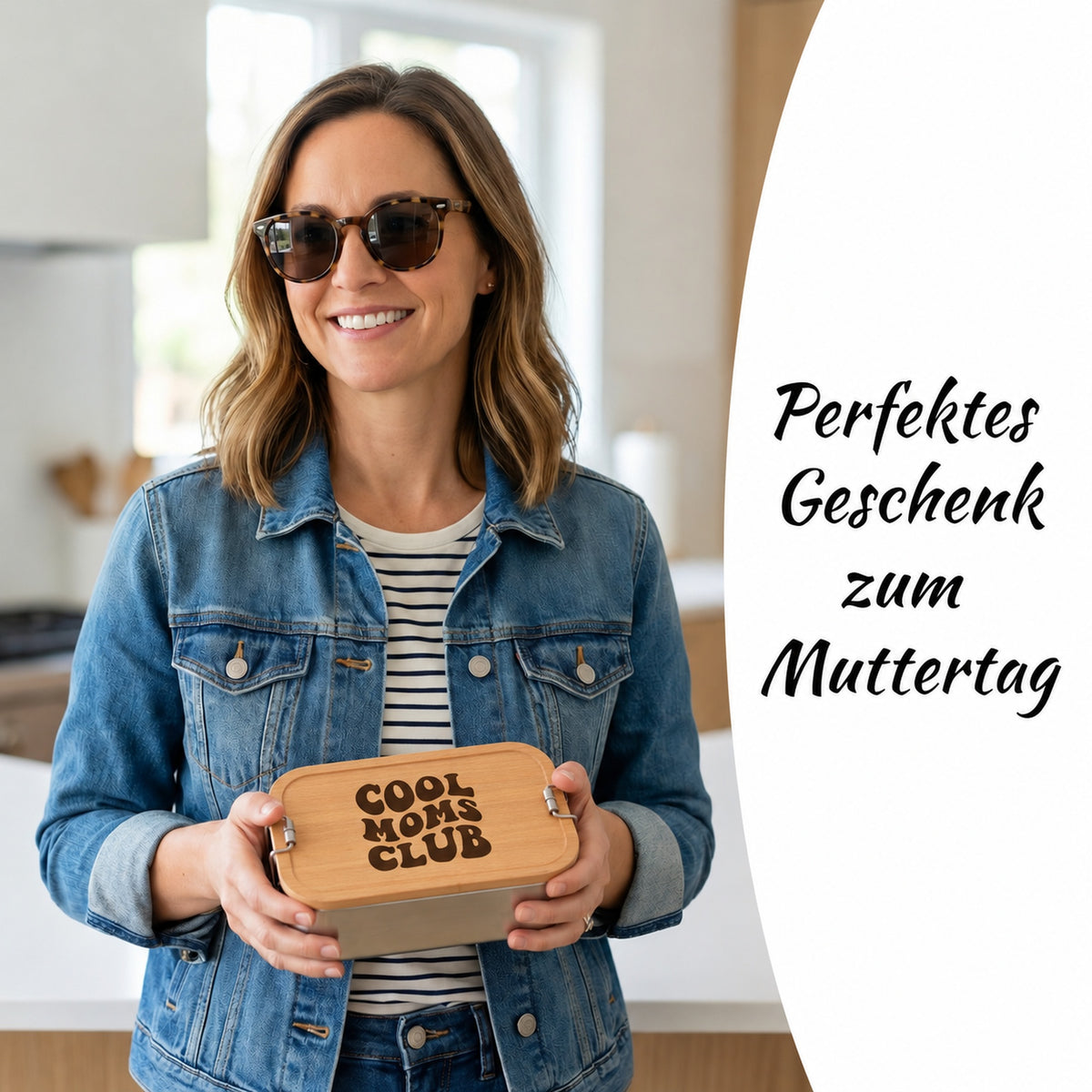 Brotdose mit Buchenholzdeckel und Gravur „Cool Moms Club“ im Alltag