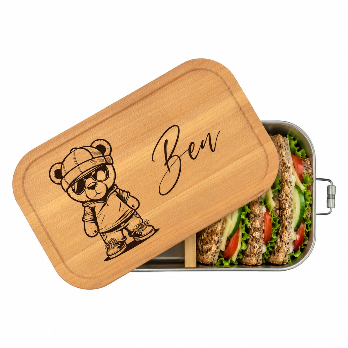 Personalisierte Brotdose mit Buchenholzdeckel und Gravur „Cool Teddy“