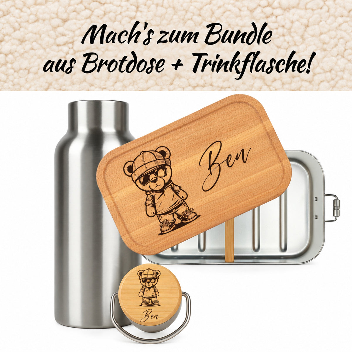 Brotdose mit Buchenholzdeckel und Trinkflasche als Bundle, Gravur „Cool Teddy“