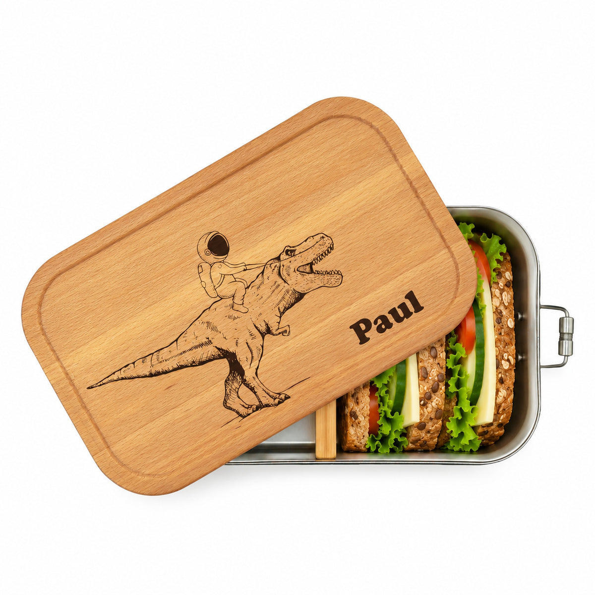 Personalisierte Brotdose mit Buchenholzdeckel, graviert mit Astronaut auf Dino und Name