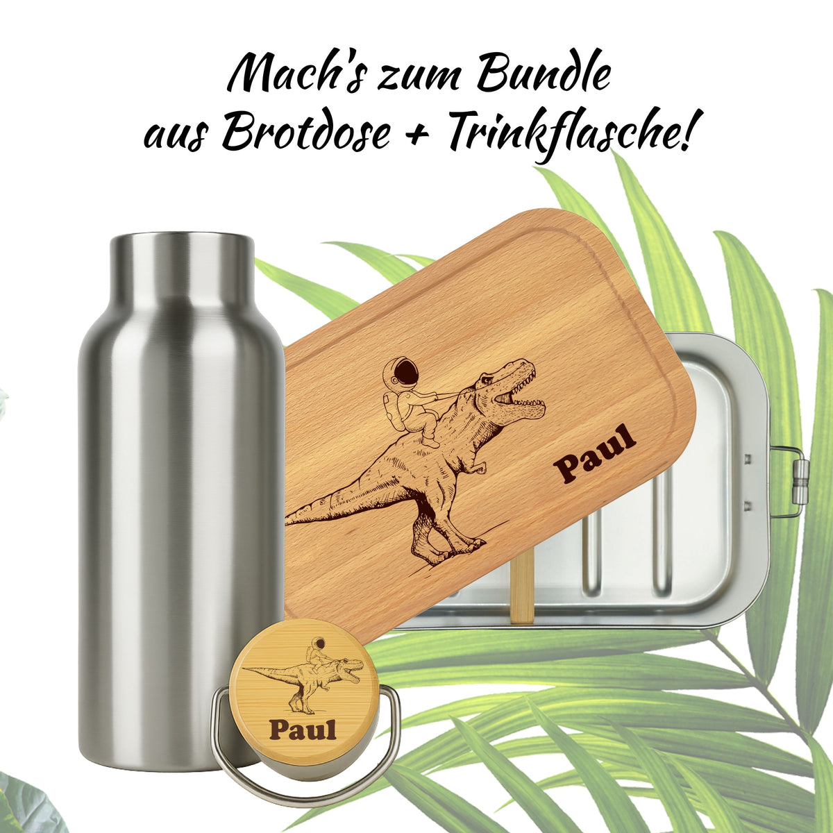Brotdose mit Buchenholzdeckel und Trinkflasche als Bundle mit Dino-Astronaut-Gravur