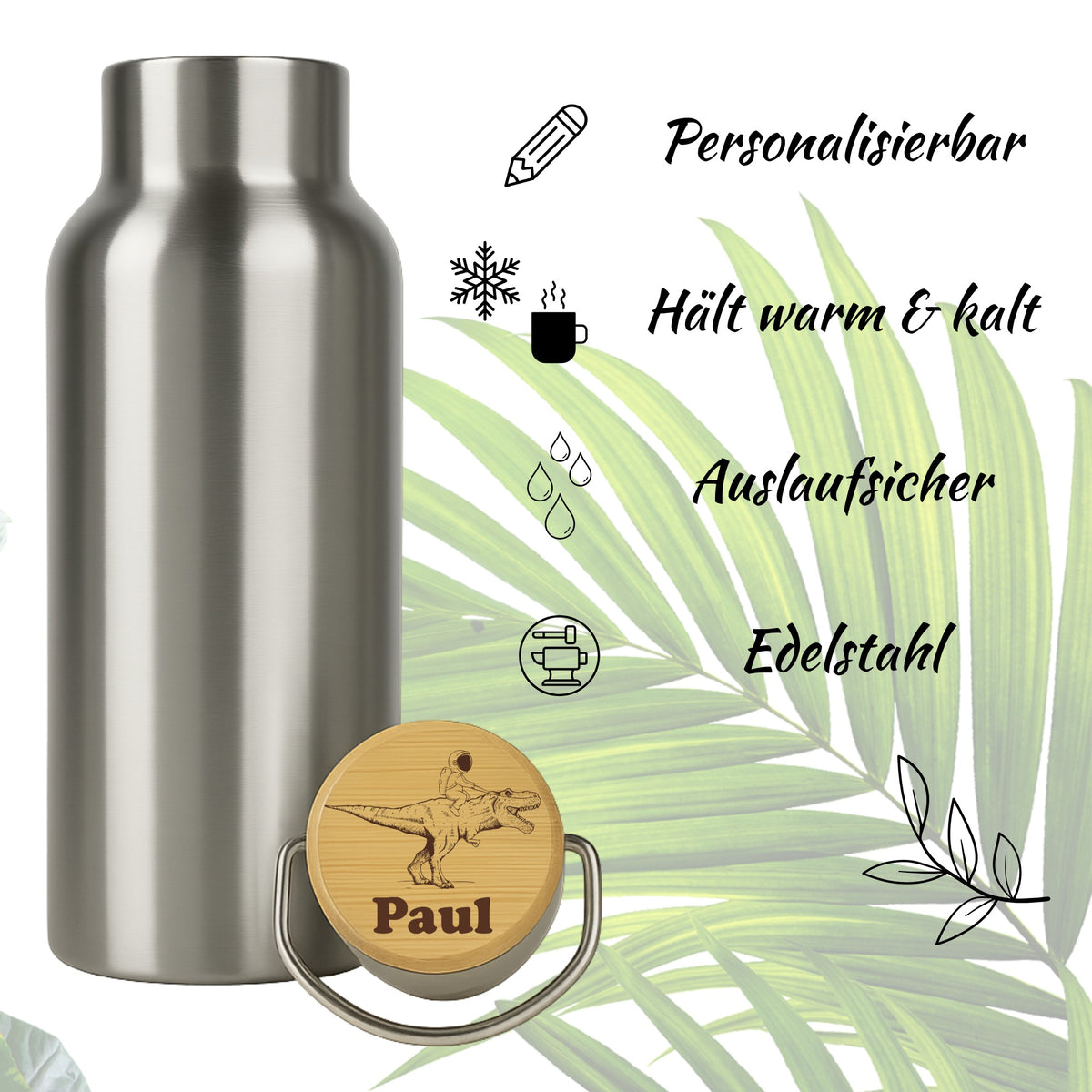 Edelstahl-Trinkflasche mit Holzdeckel und Dino-Astronaut-Gravur