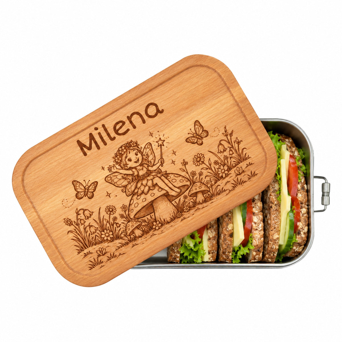 Personalisierte Brotdose mit Buchenholzdeckel und Gravur „Elfe“