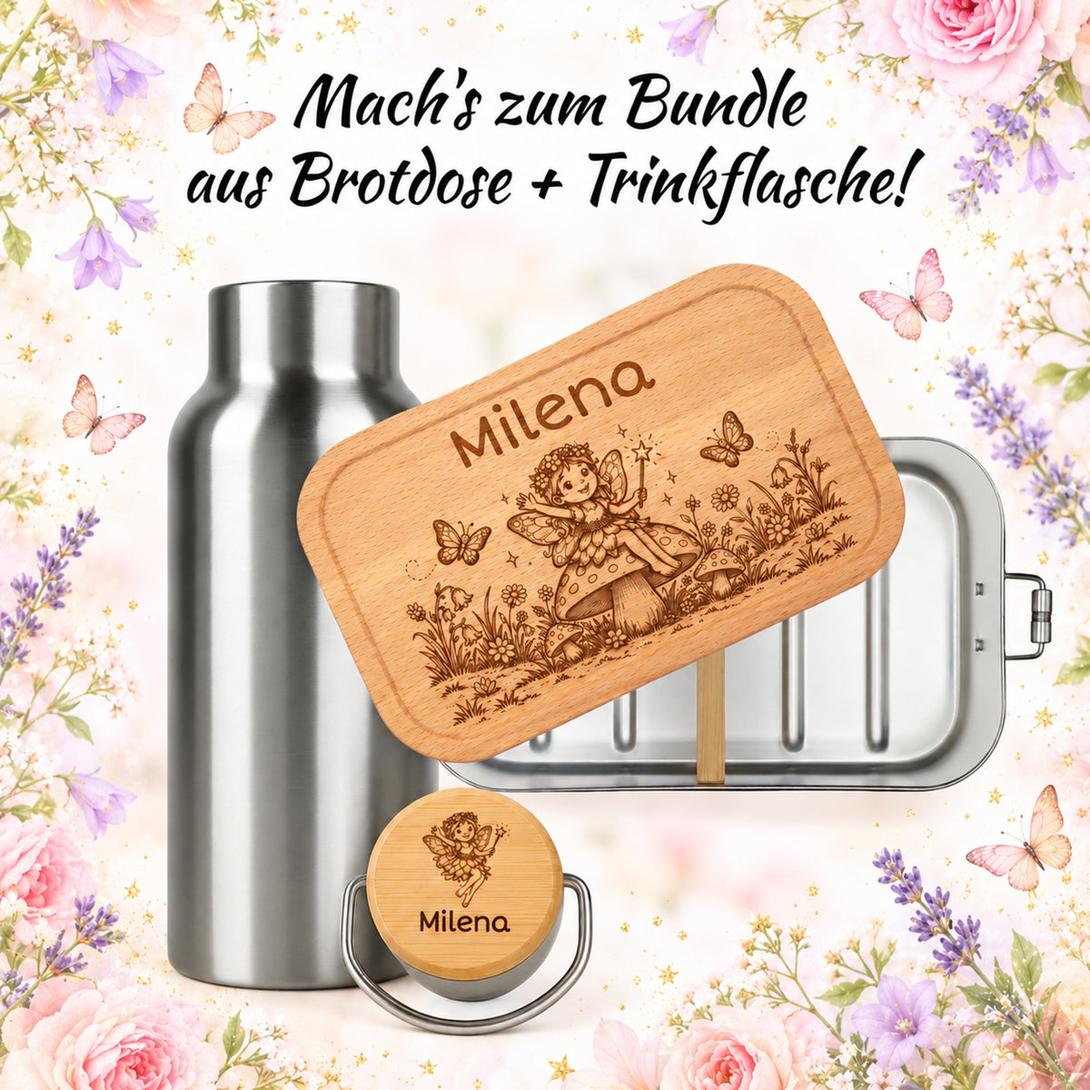 Brotdose mit Buchenholzdeckel und Trinkflasche als Bundle, Gravur „Elfe“