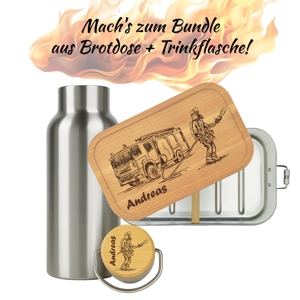 Brotdose mit Buchenholzdeckel und Trinkflasche als Bundle mit Feuerwehr-Gravur