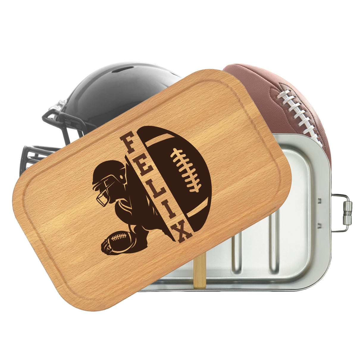 Personalisierte Brotdose mit Buchenholzdeckel, graviert mit Football-Motiv und Name