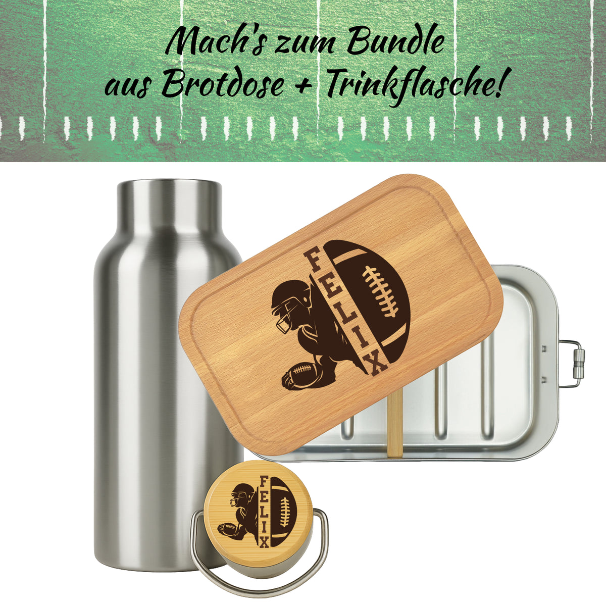 Brotdose mit Buchenholzdeckel und Trinkflasche als Bundle mit Football-Gravur
