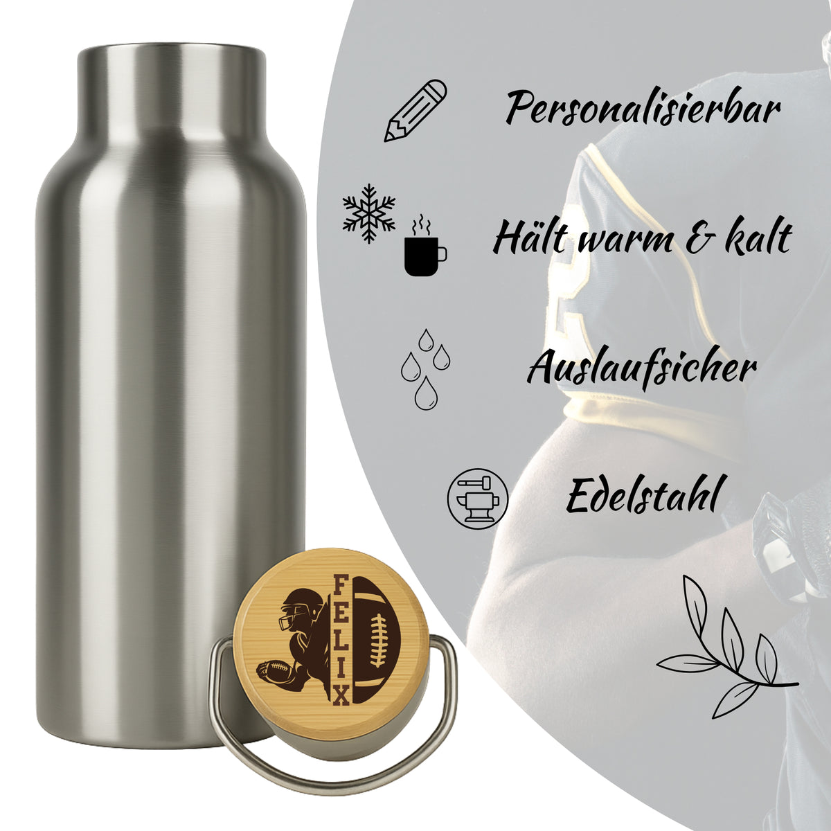 Edelstahl-Trinkflasche mit Holzdeckel und Football-Gravur