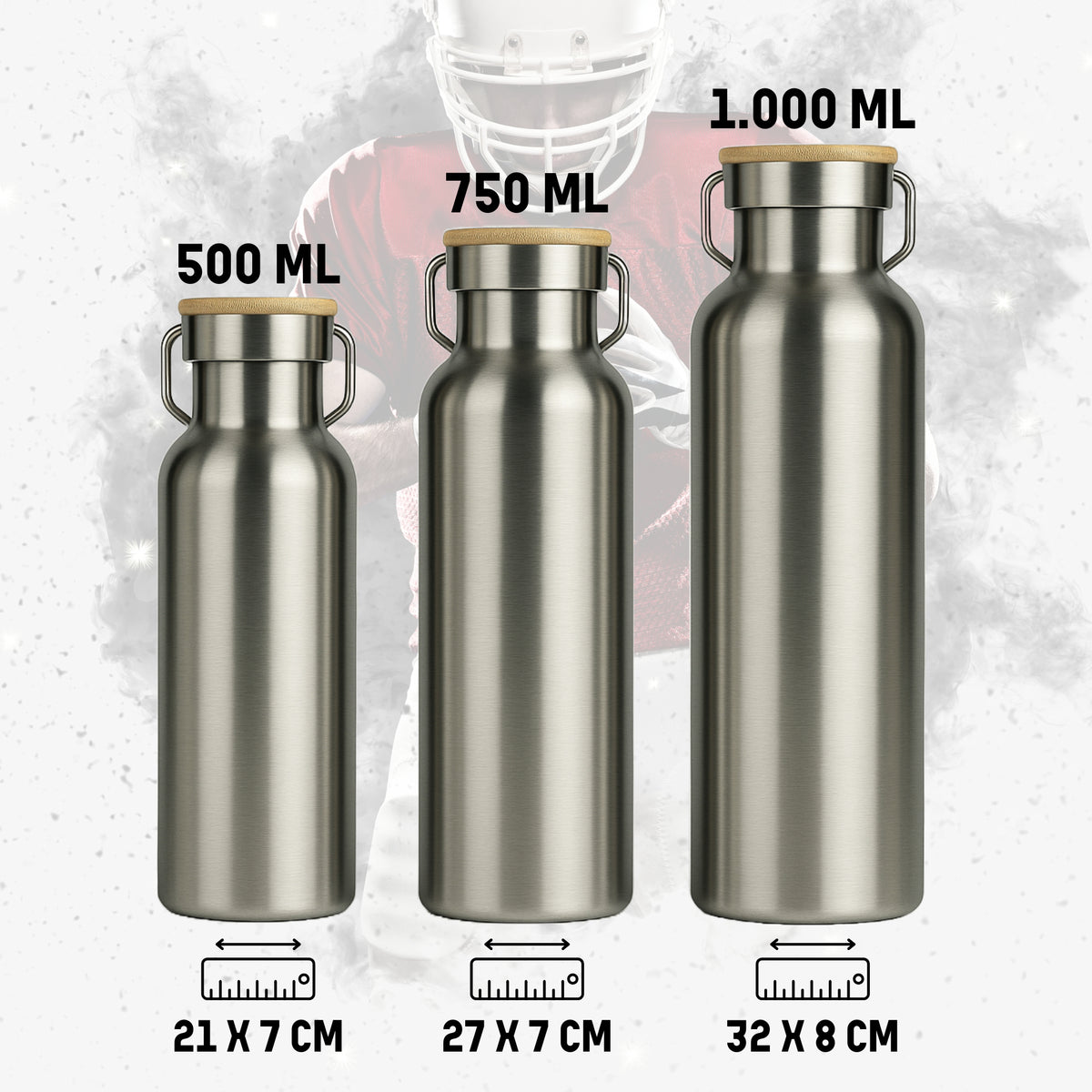 Trinkflaschen 500 ml, 750 ml und 1.000 ml im Größenvergleich