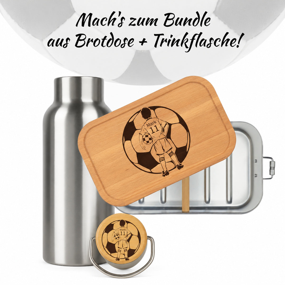Brotdose mit Buchenholzdeckel und Trinkflasche als Bundle, Gravur „Fußballer“