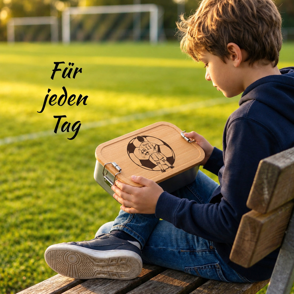 Brotdose mit Buchenholzdeckel und Gravur „Fußballer“ im Alltag