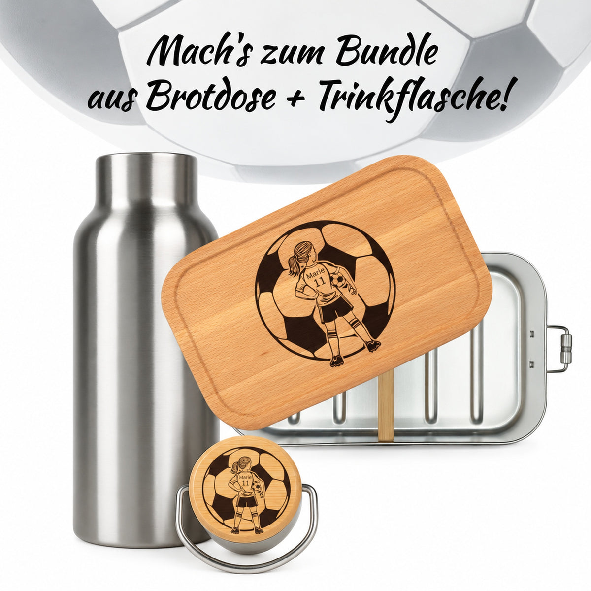 Brotdose mit Buchenholzdeckel und Trinkflasche als Bundle, Gravur „Fußballerin“