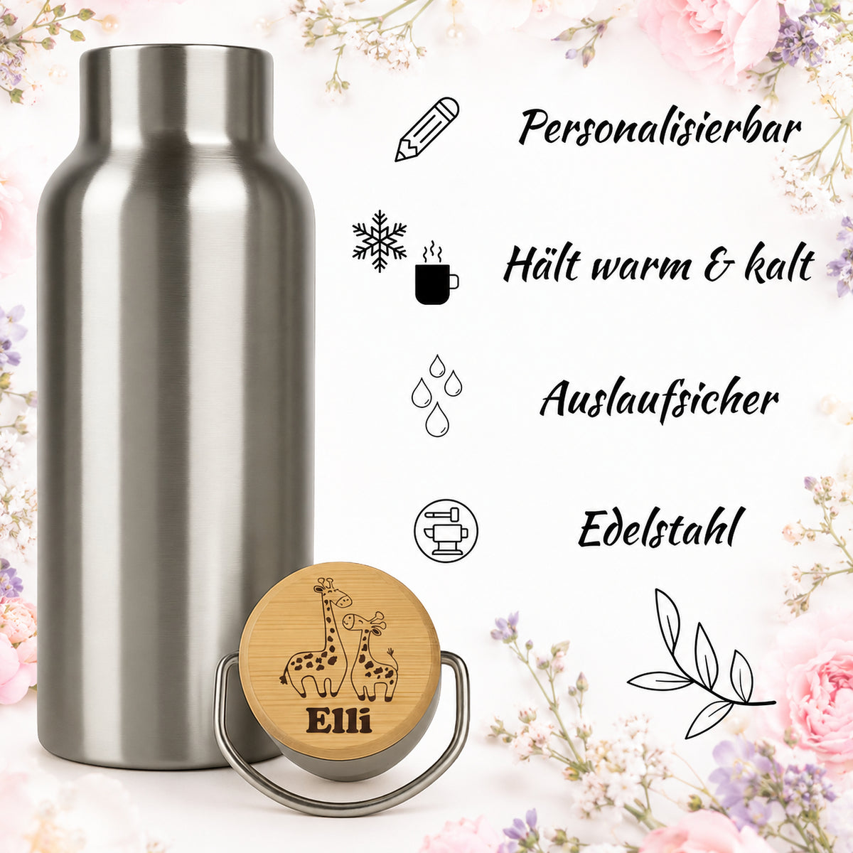 Edelstahl-Trinkflasche mit Holzdeckel und Gravur „Giraffen“