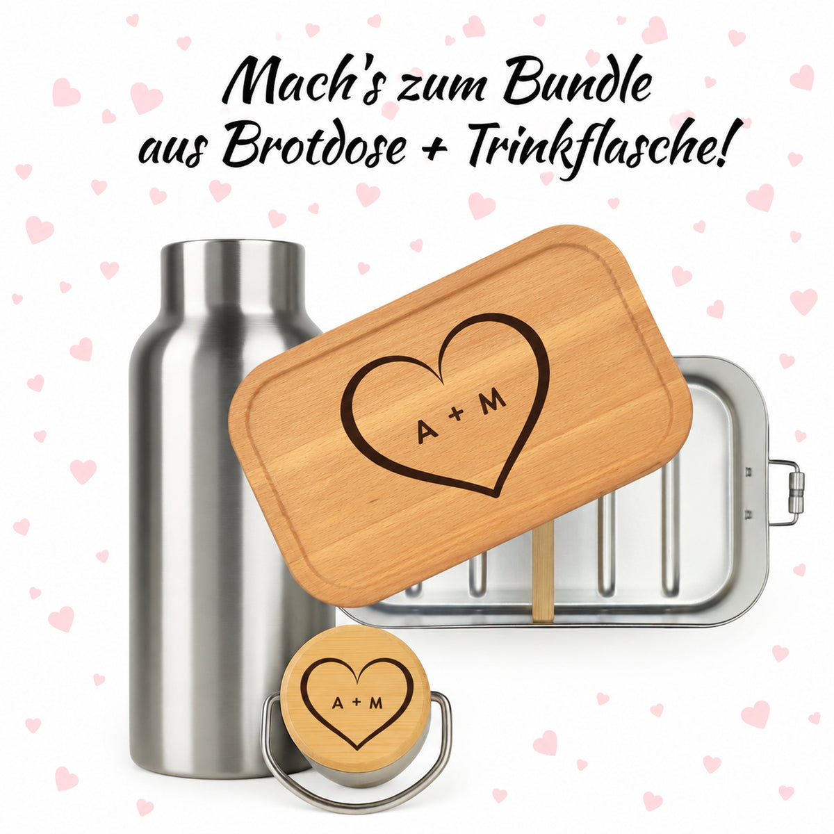 Brotdose mit Buchenholzdeckel und Trinkflasche als Bundle, Gravur „Herz“